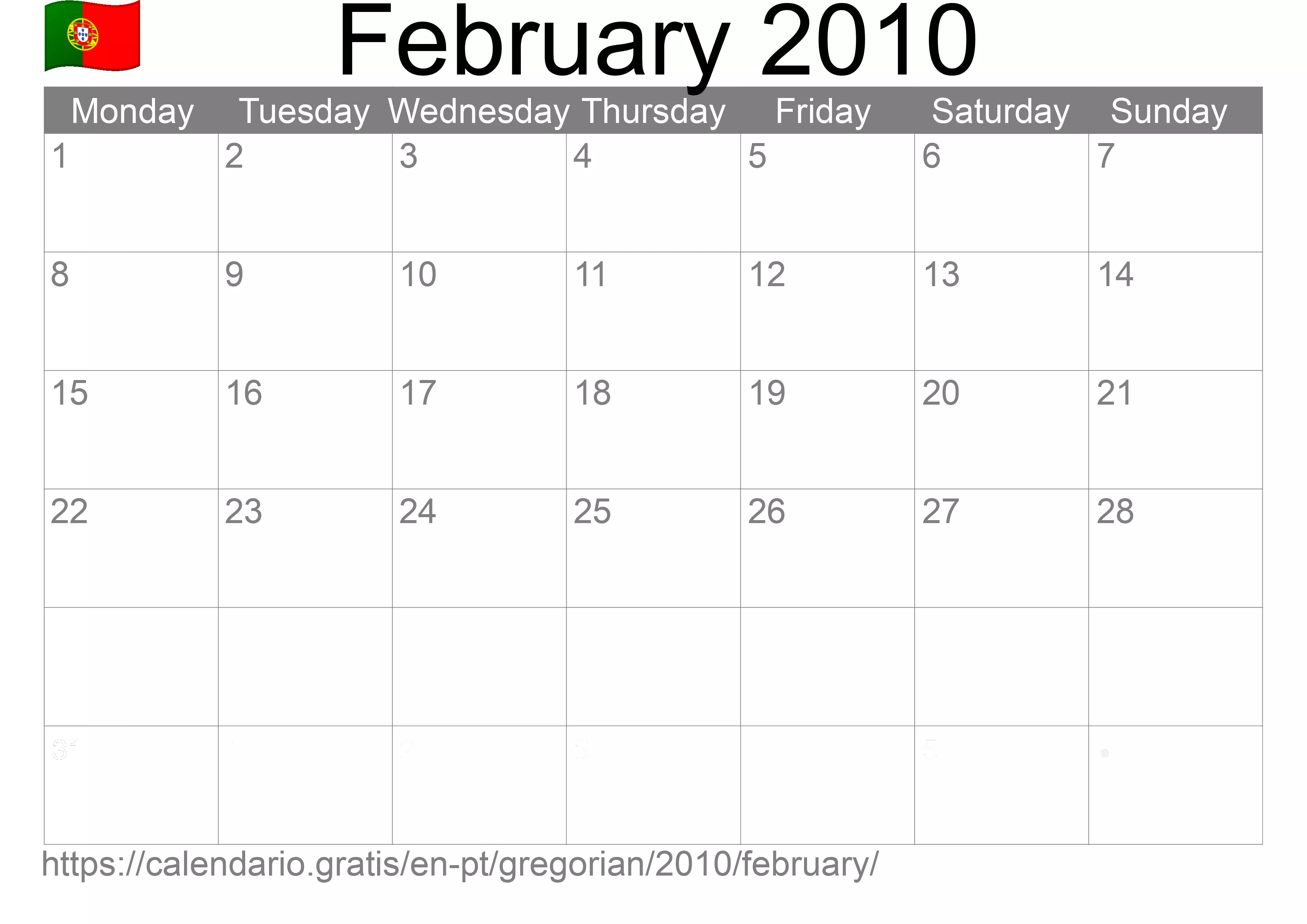 Calendar February 2010 to print (Portugal) Calendar February 2010 to print (Portugal)