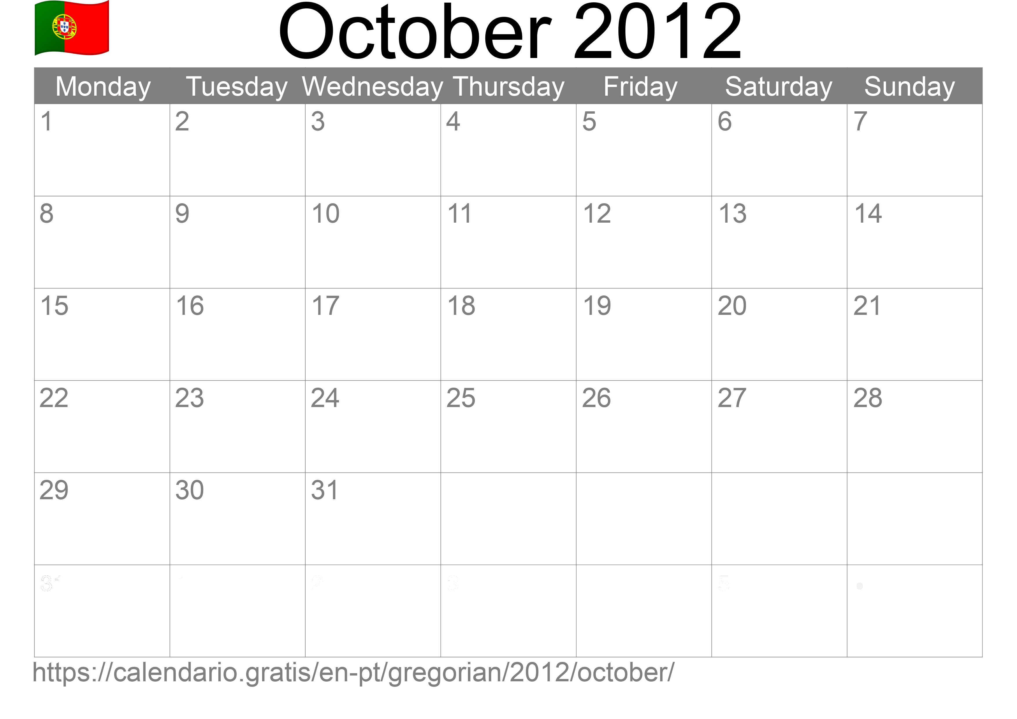 Calendar October 2012 to print