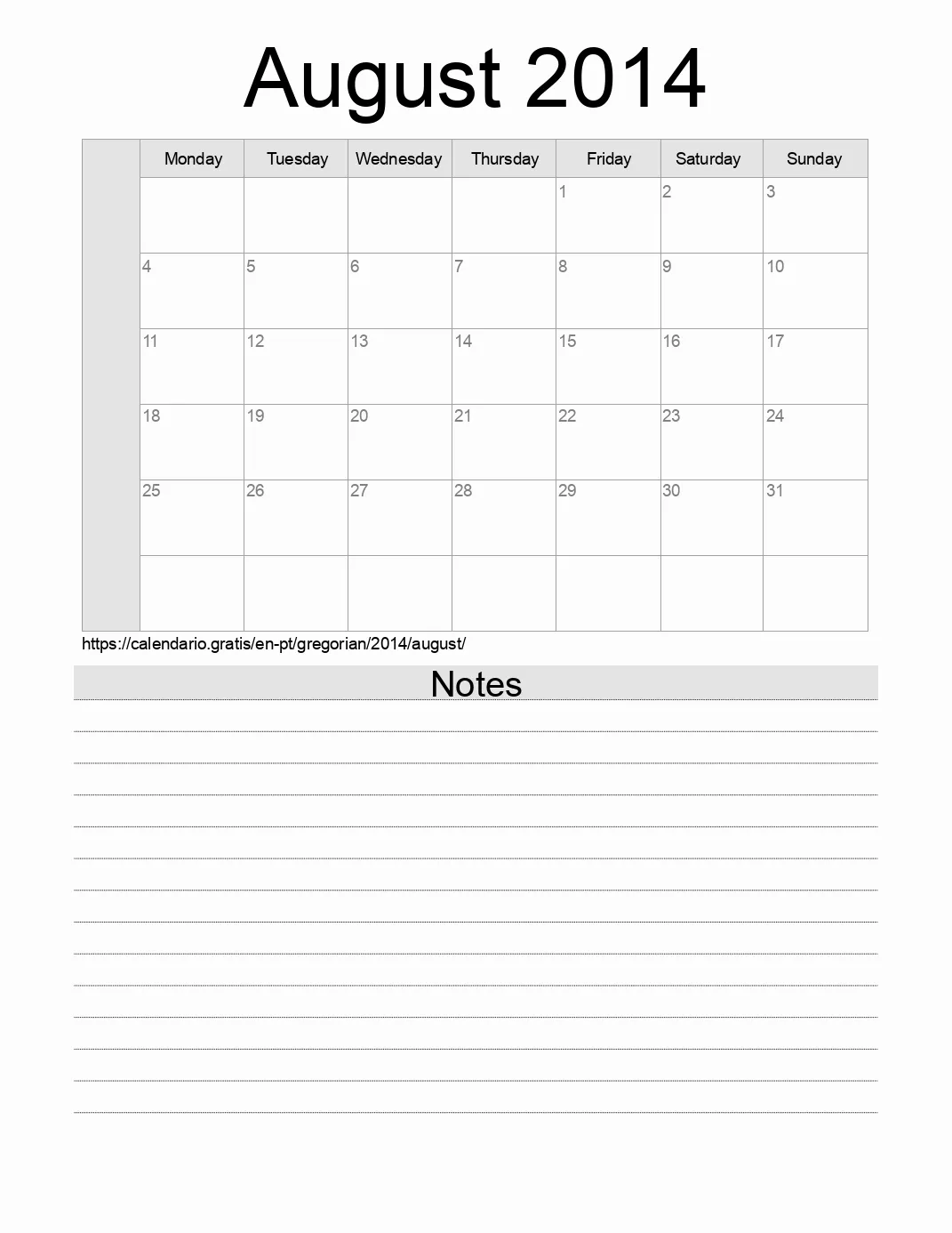 Calendar for printing with notes for 2014 August . (Portugal) Calendar for printing with notes for 2014 August . (Portugal)