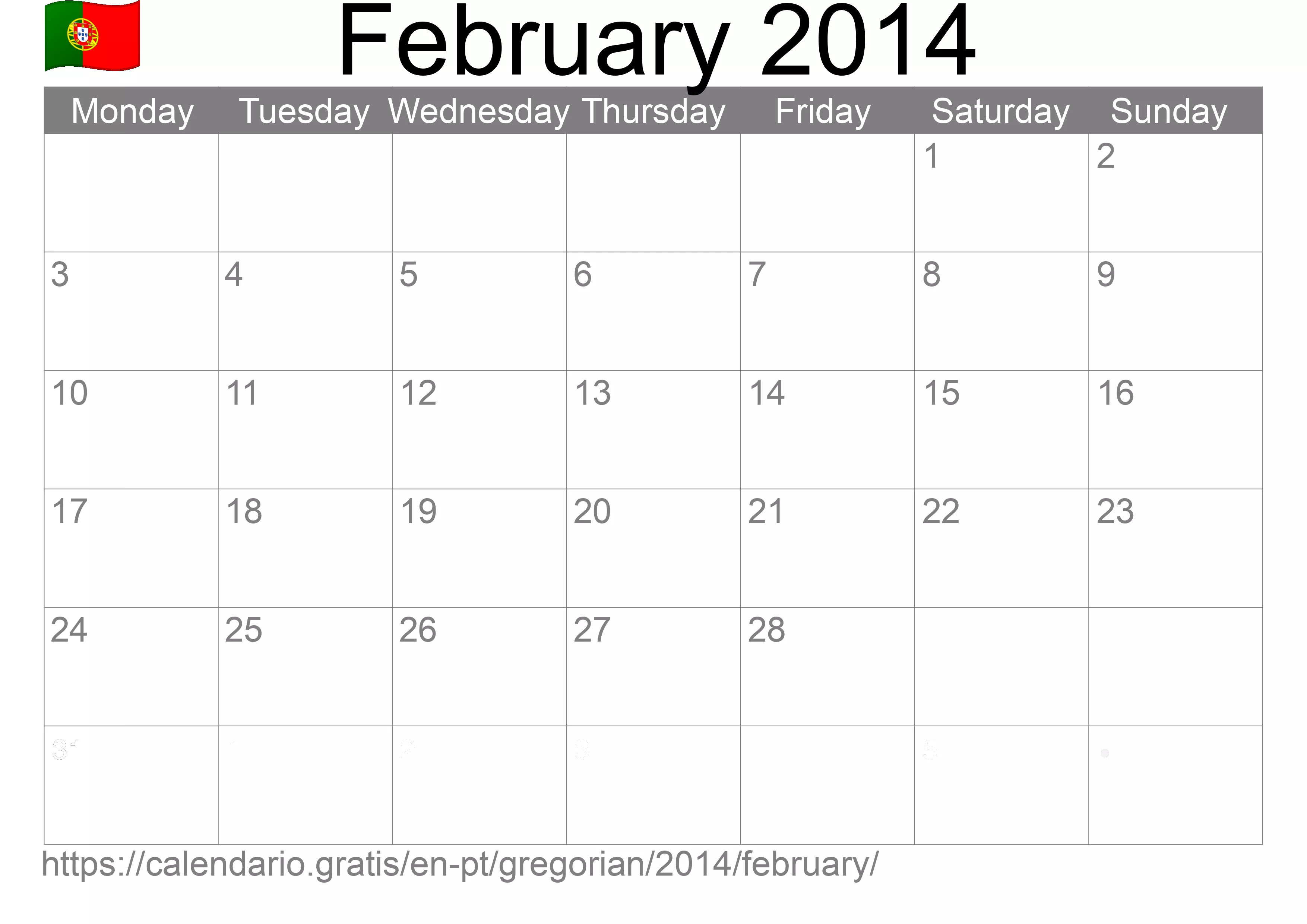 Calendar February 2014 to print (Portugal) Calendar February 2014 to print (Portugal)