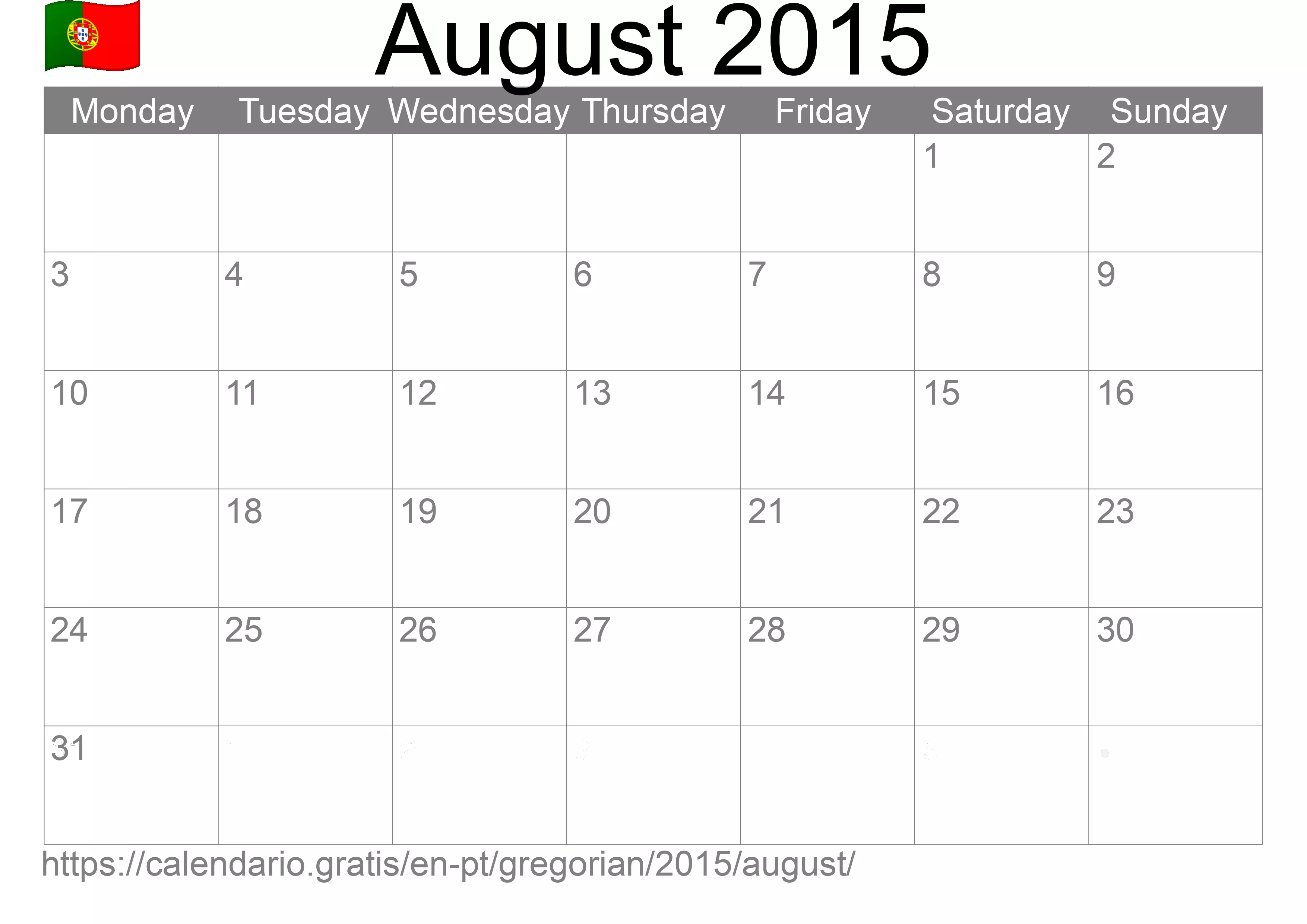 Calendar August 2015 to print (Portugal) Calendar August 2015 to print (Portugal)