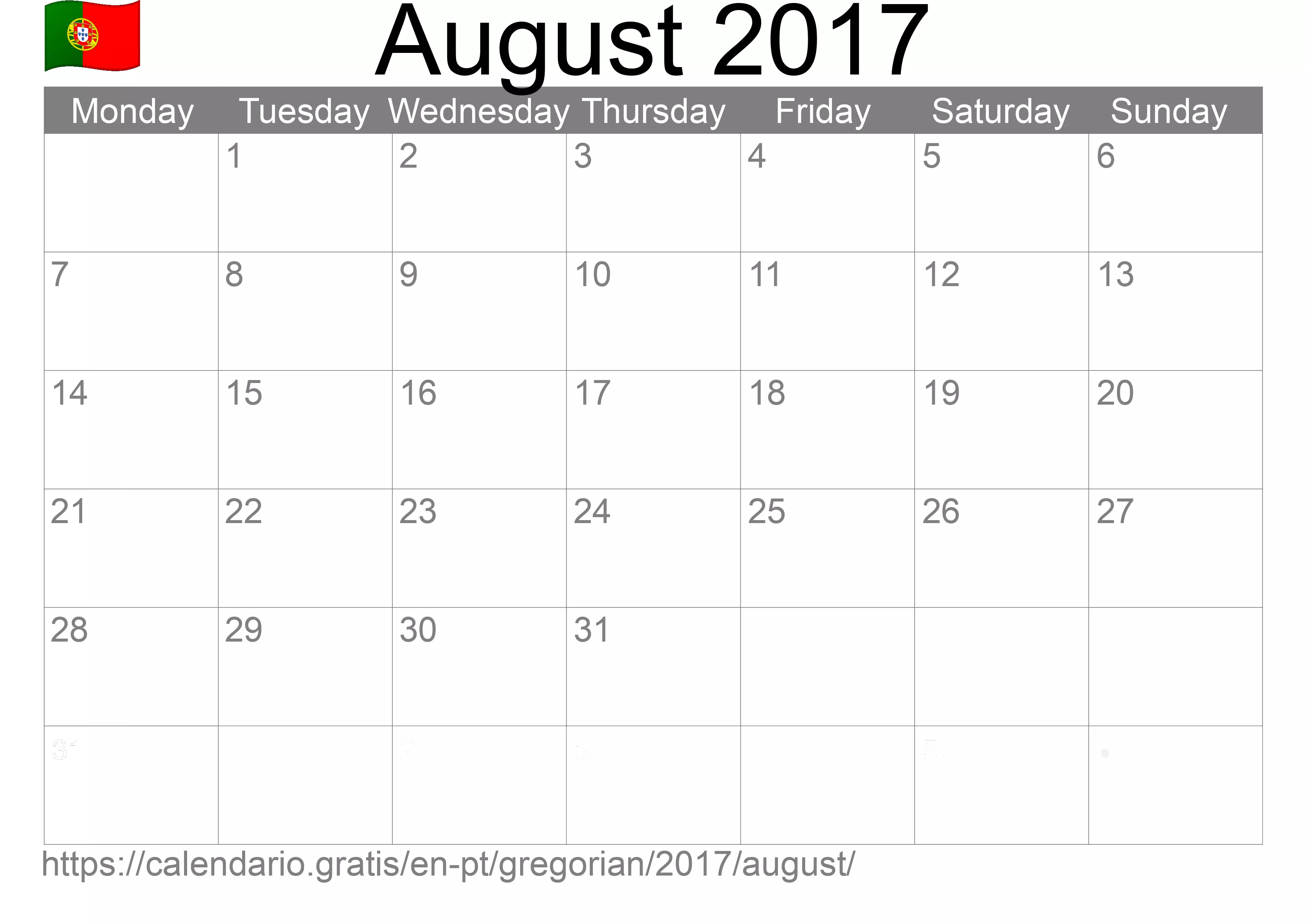 Calendar August 2017 to print (Portugal) Calendar August 2017 to print (Portugal)