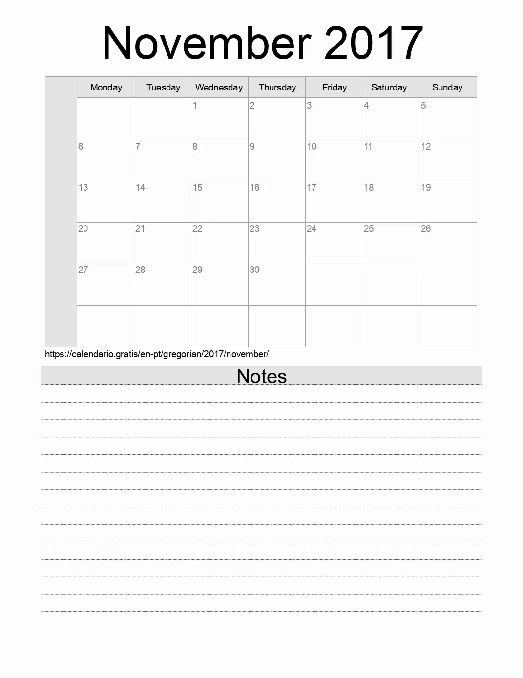 Calendar for printing with notes for 2017 November . (Portugal)