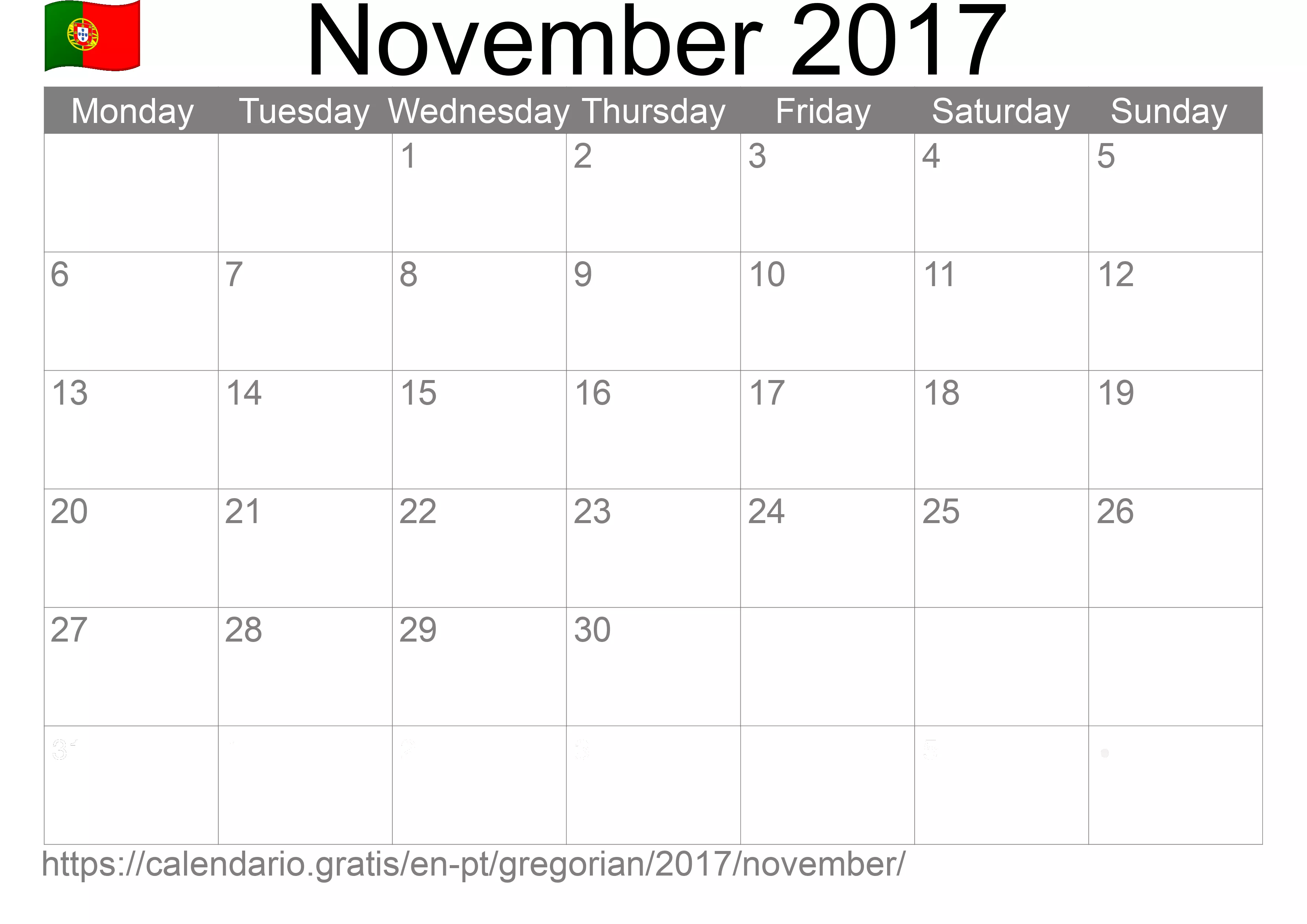 Calendar November 2017 to print (Portugal)