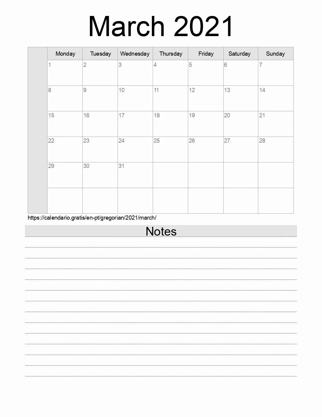 Calendar for printing with notes for 2021 March . (Portugal)
