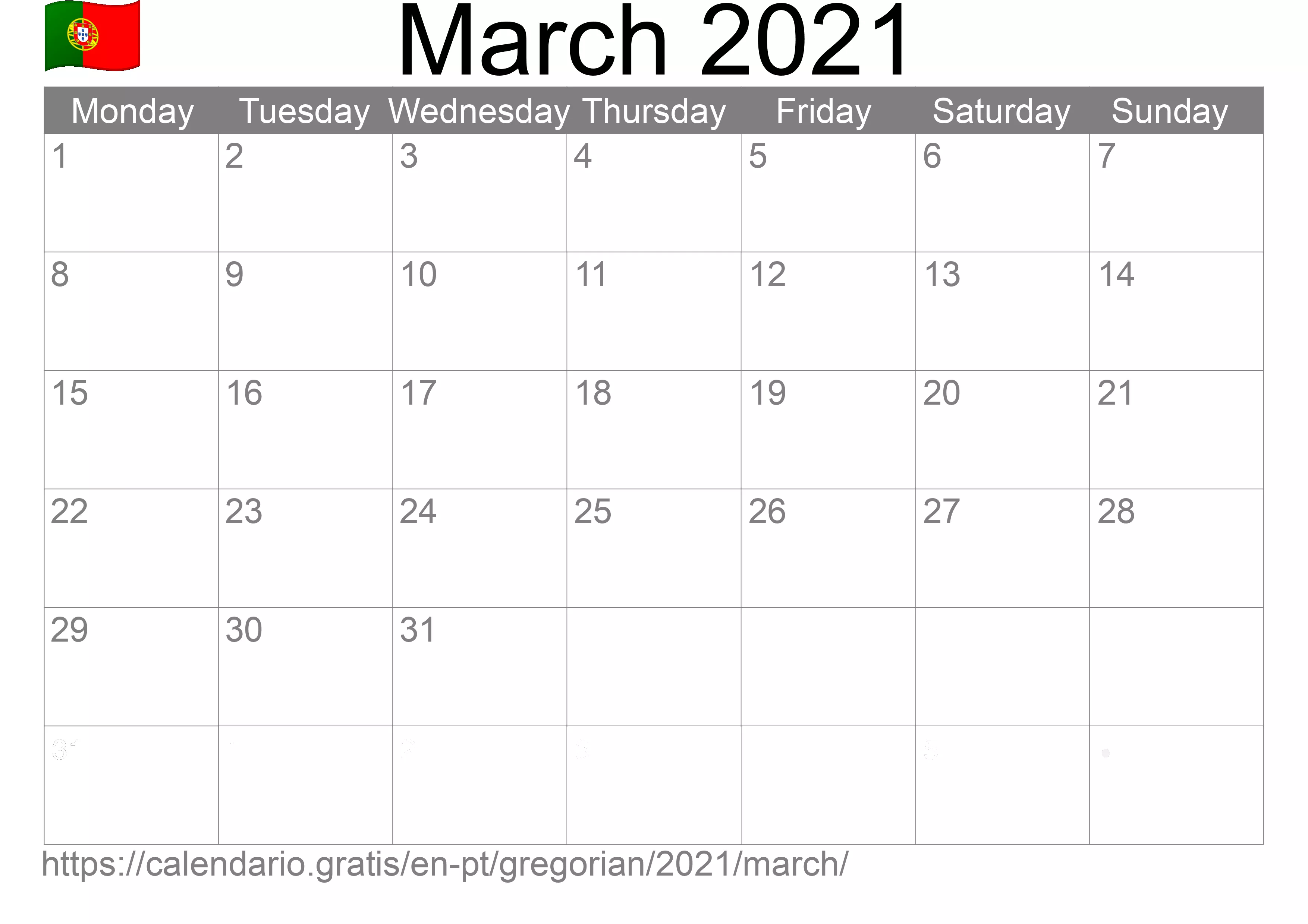 Calendar March 2021 to print (Portugal)