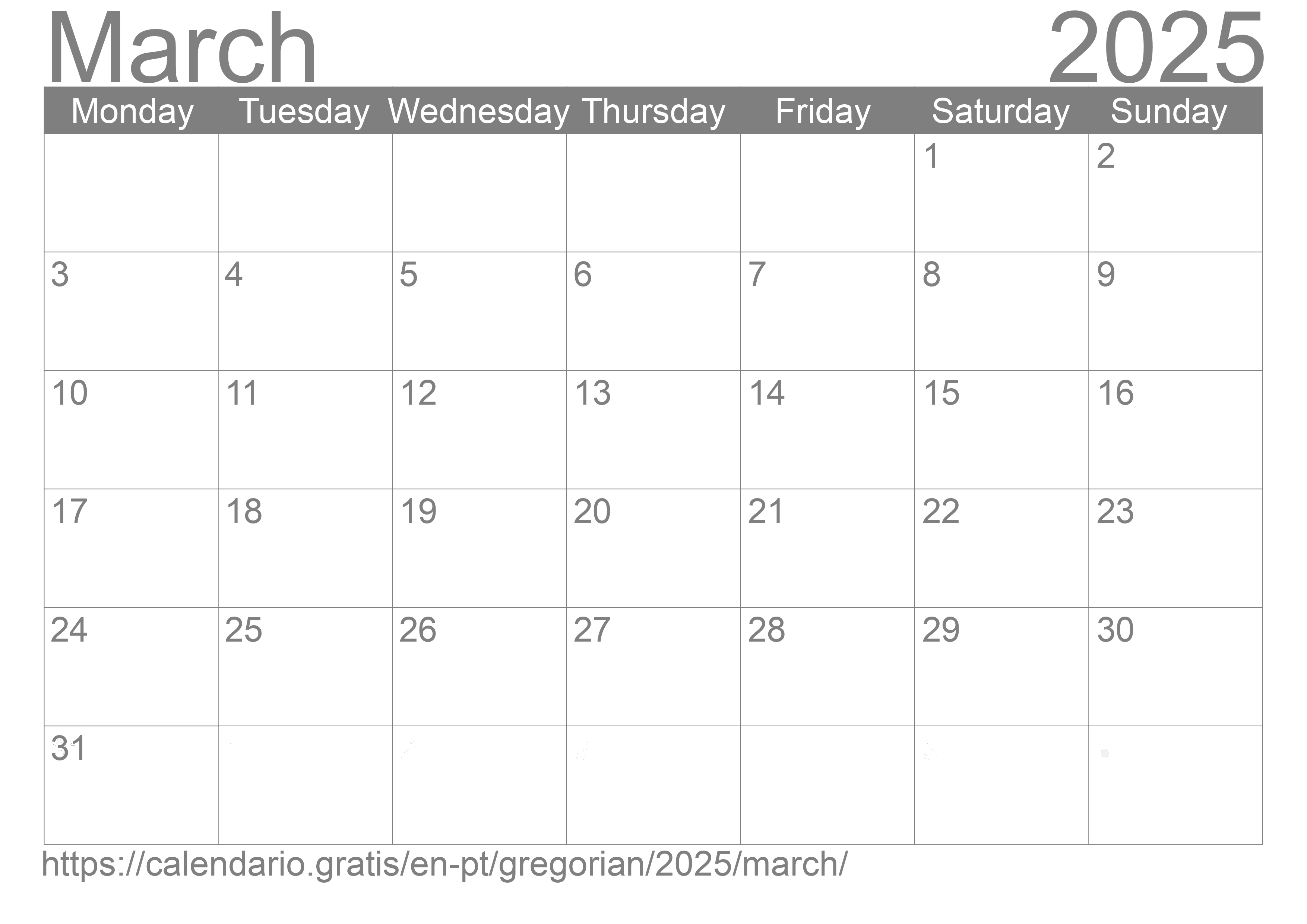 Calendar March 2025 to print
