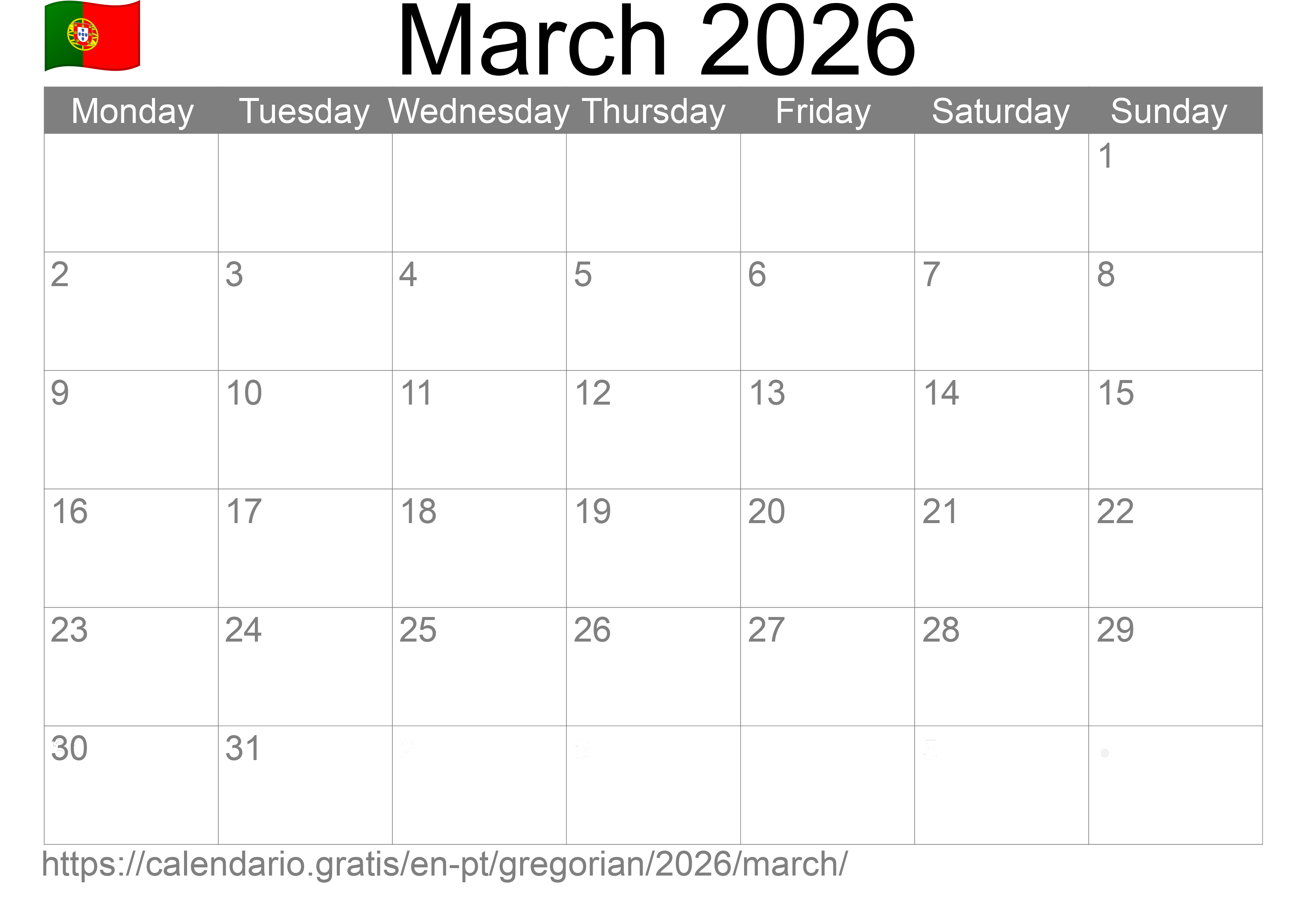 Calendar March 2026 to print