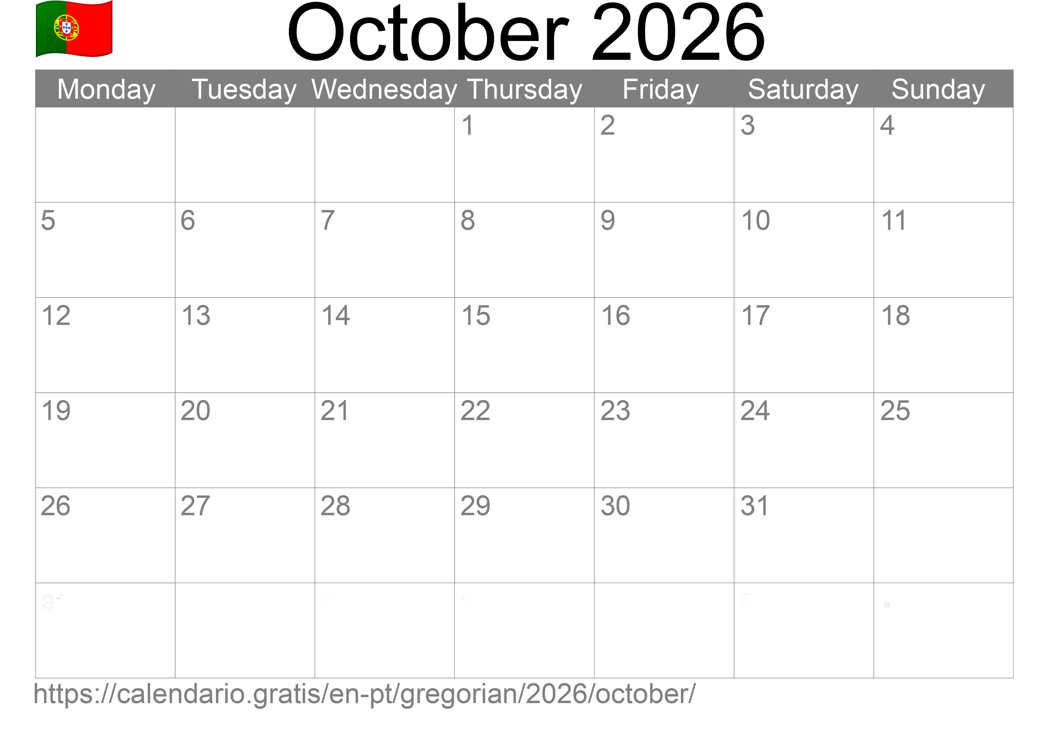 Calendar October 2026 to print