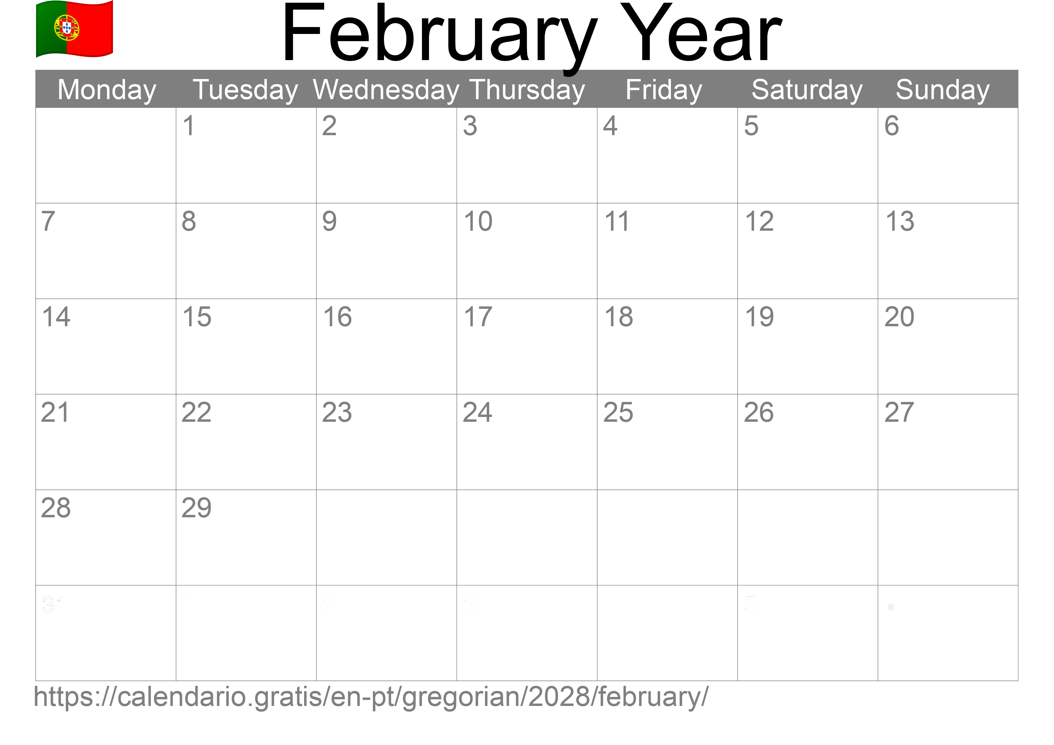 Calendar February 2028 to print