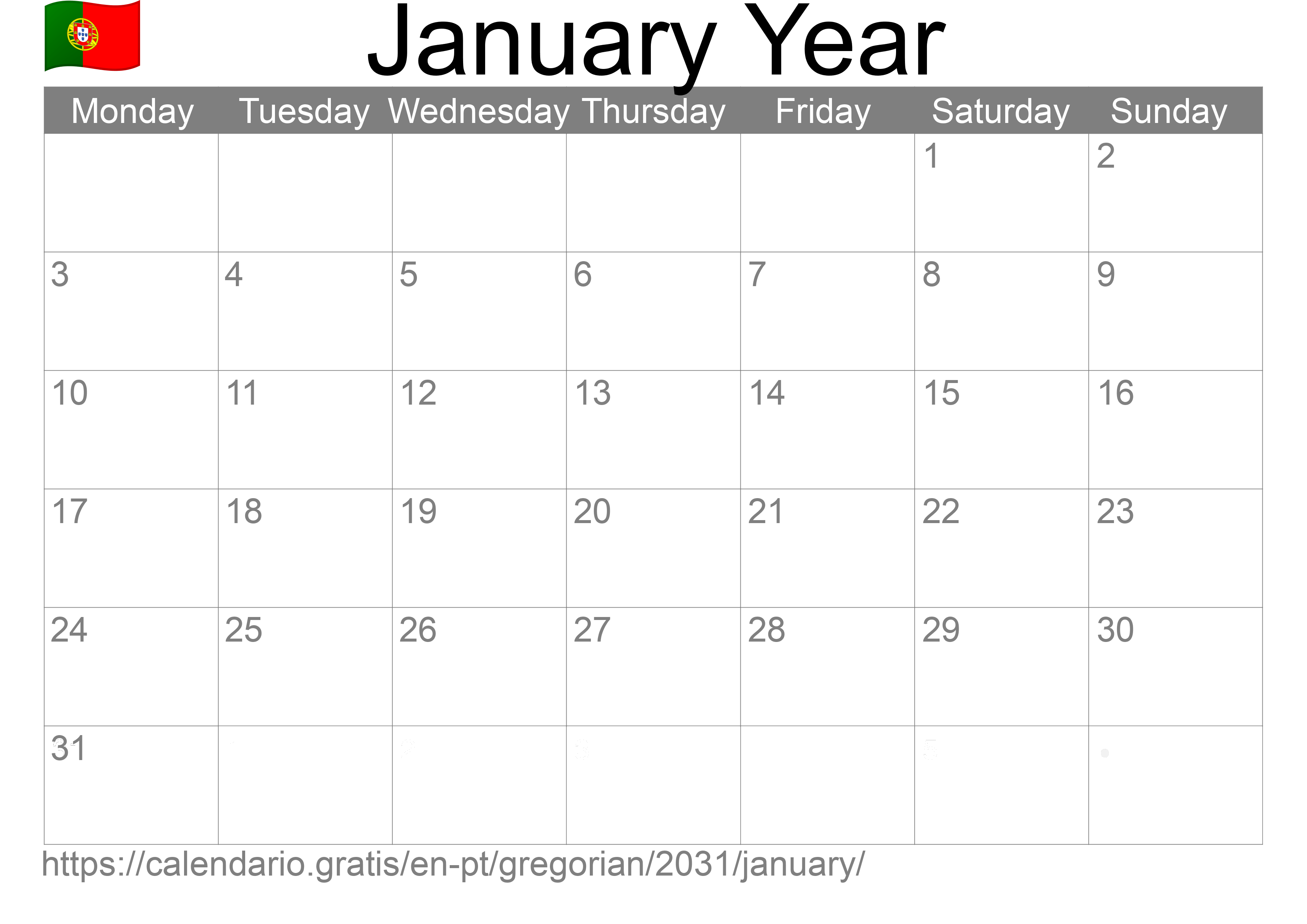 Calendar January 2031 to print