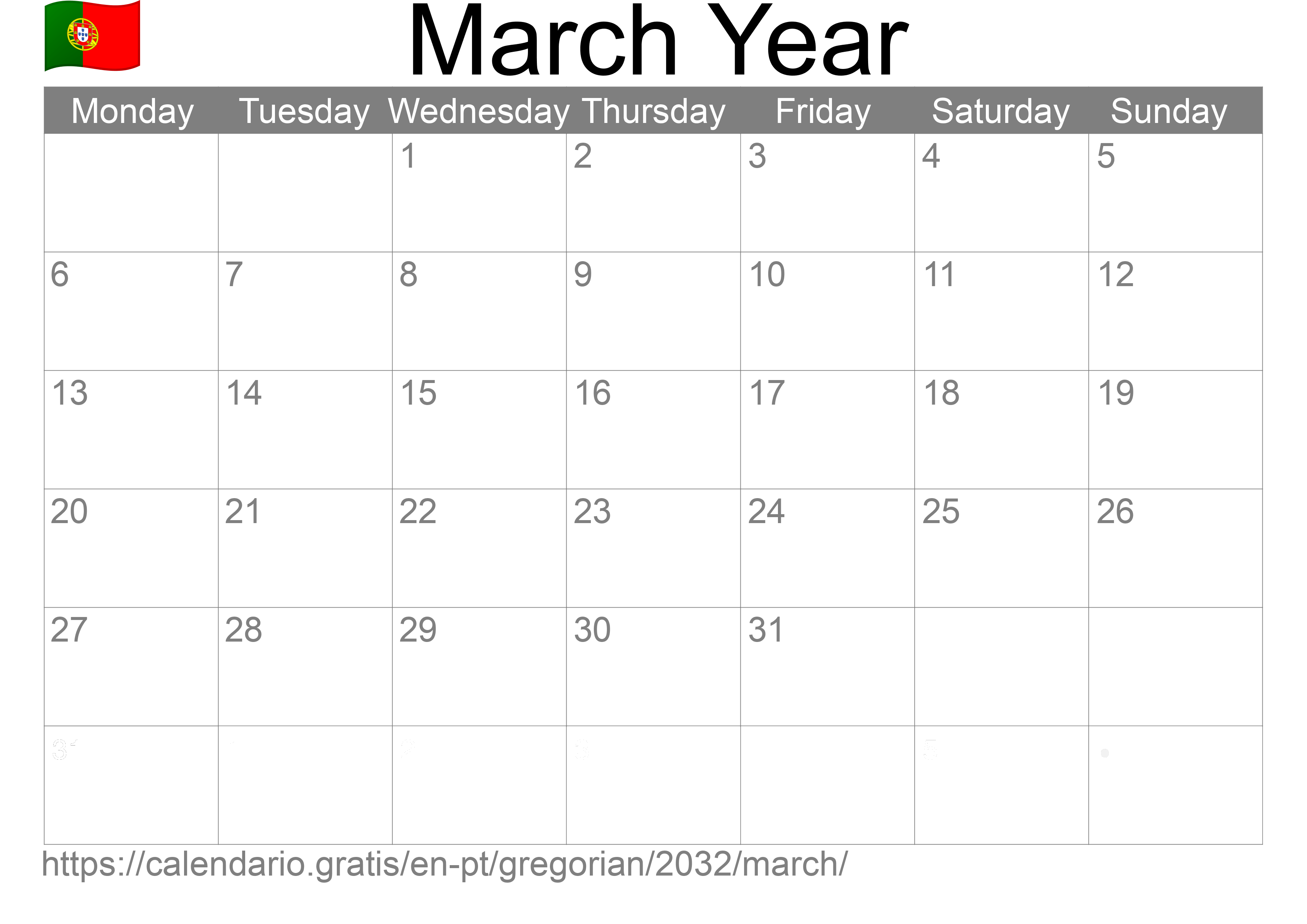 Calendar March 2032 to print