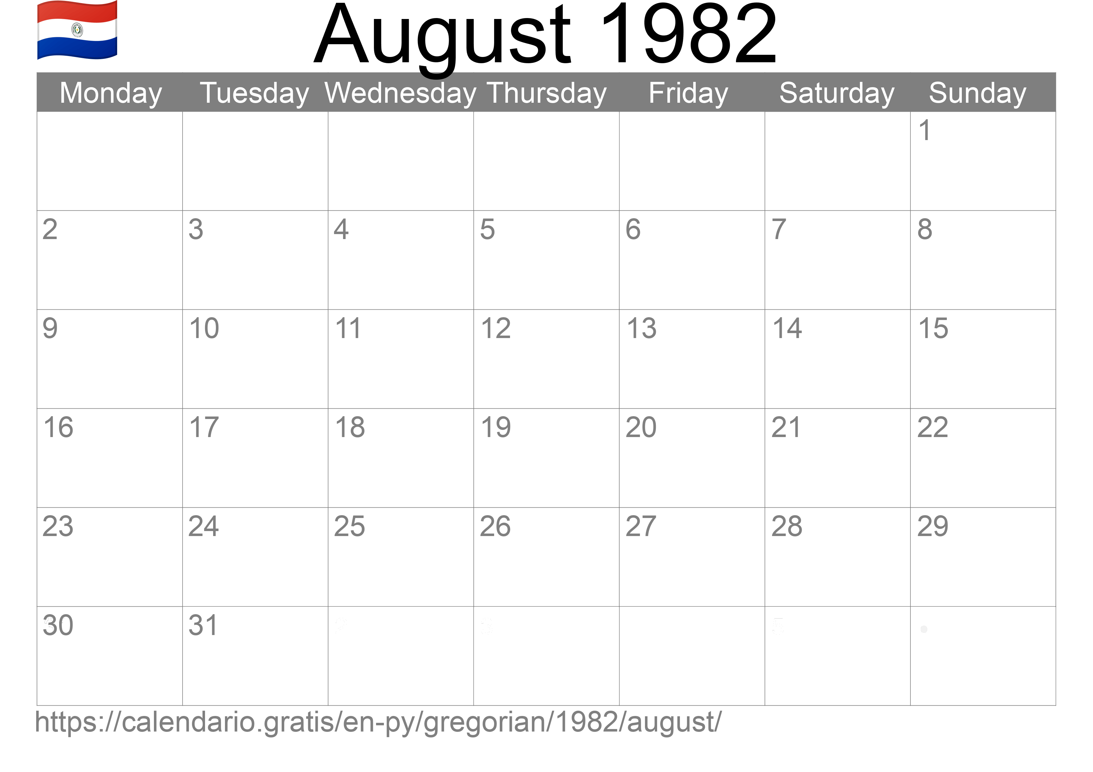 Calendar August 1982 to print