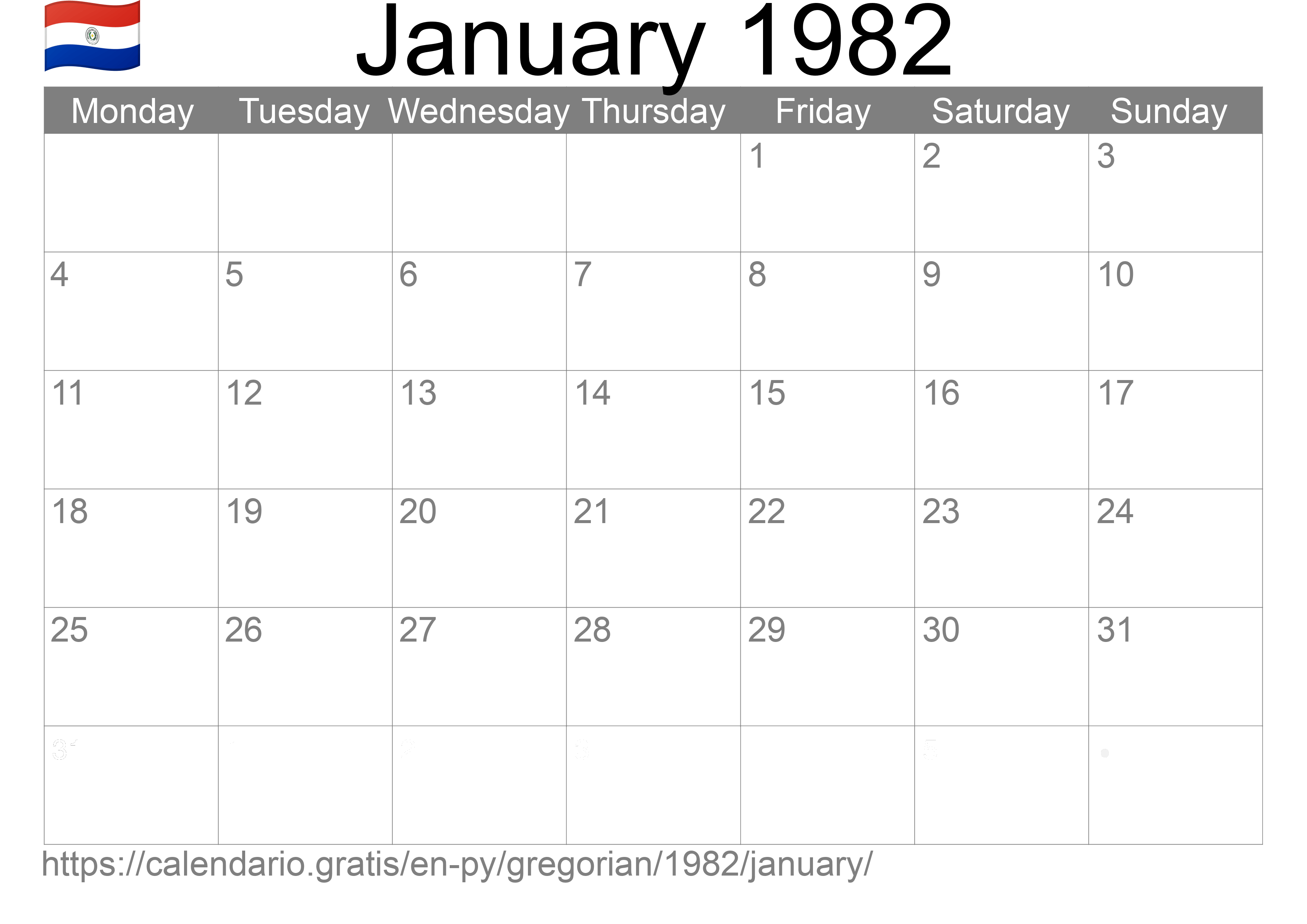 Calendar January 1982 to print