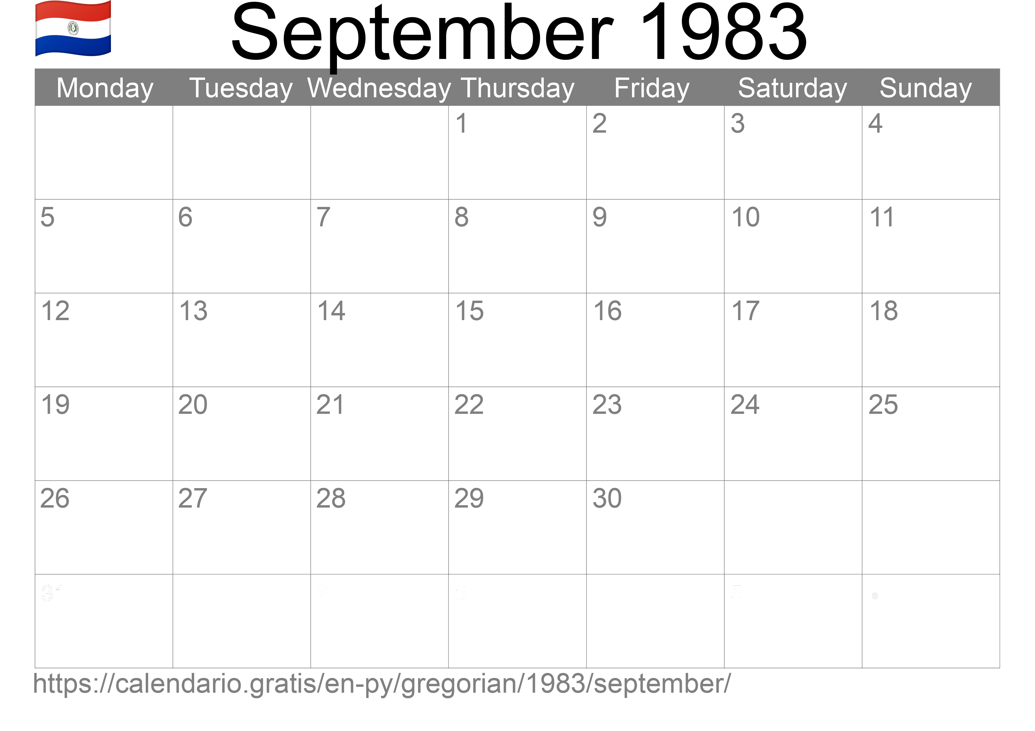 Calendar September 1983 to print