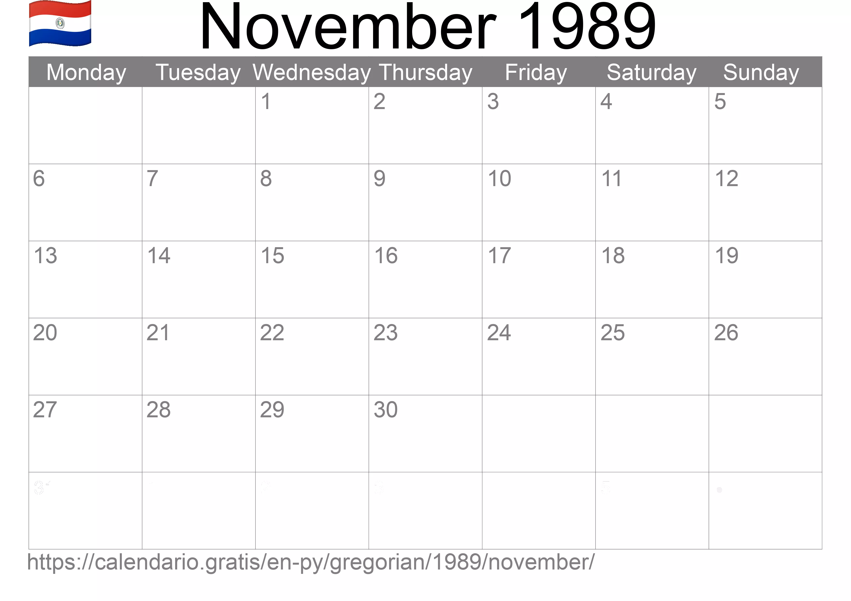 Calendar November 1989 to print (Paraguay) Calendar November 1989 to print (Paraguay)