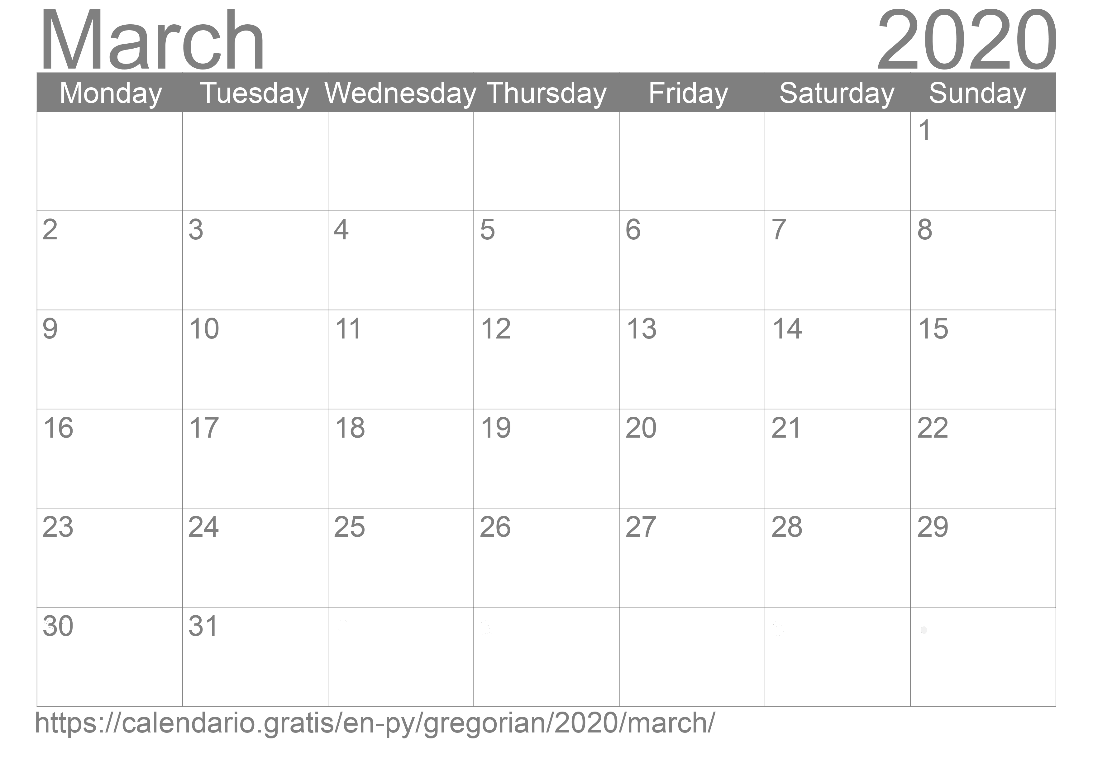 Calendar March 2020 to print