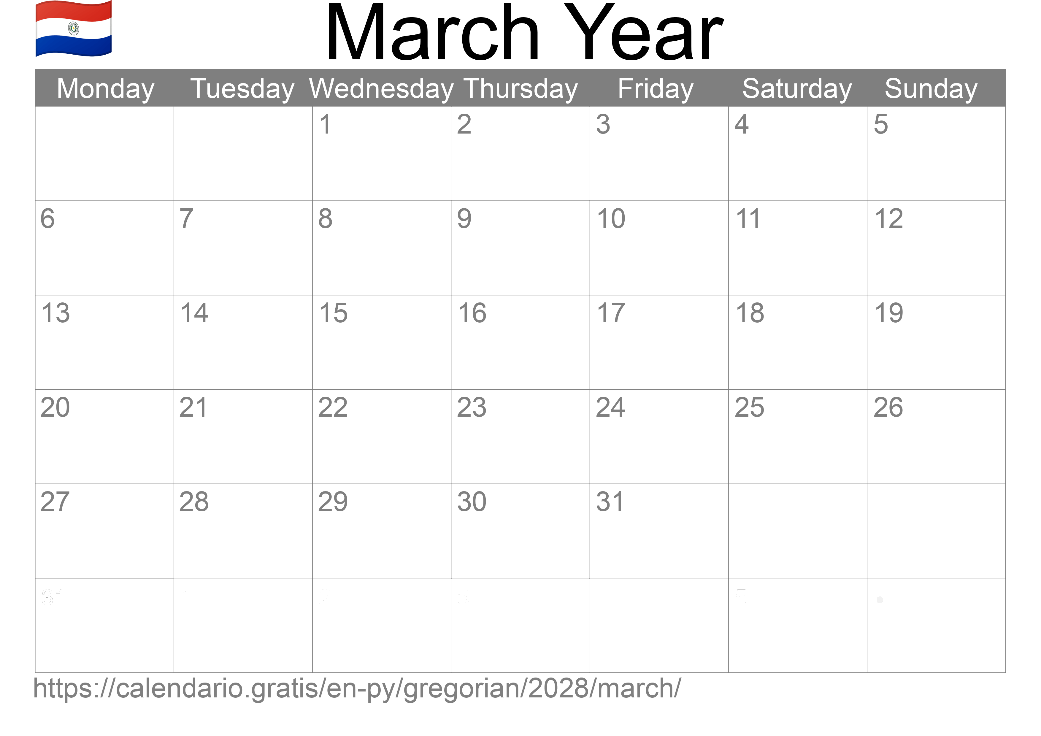 Calendar March 2028 to print