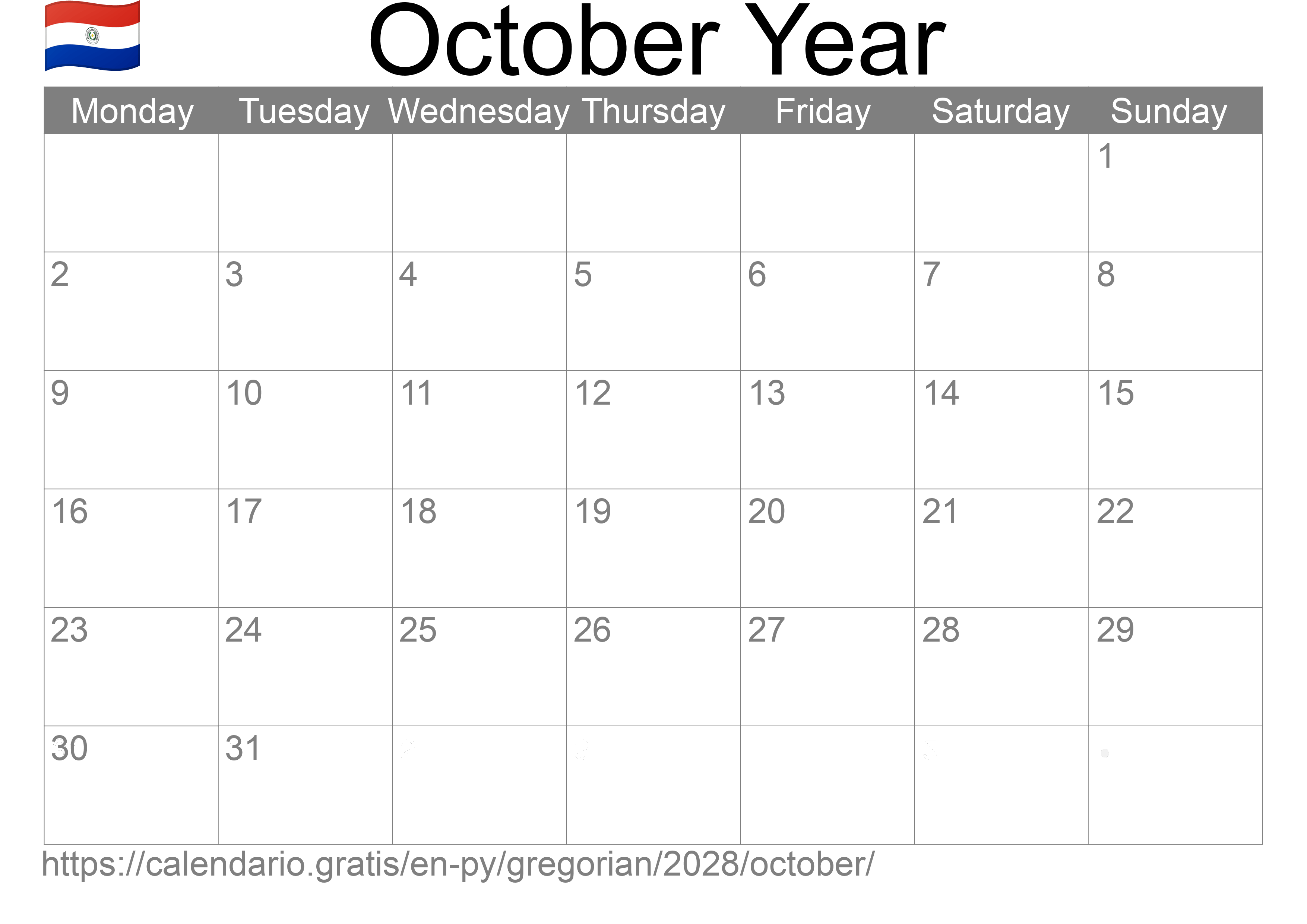 Calendar October 2028 to print