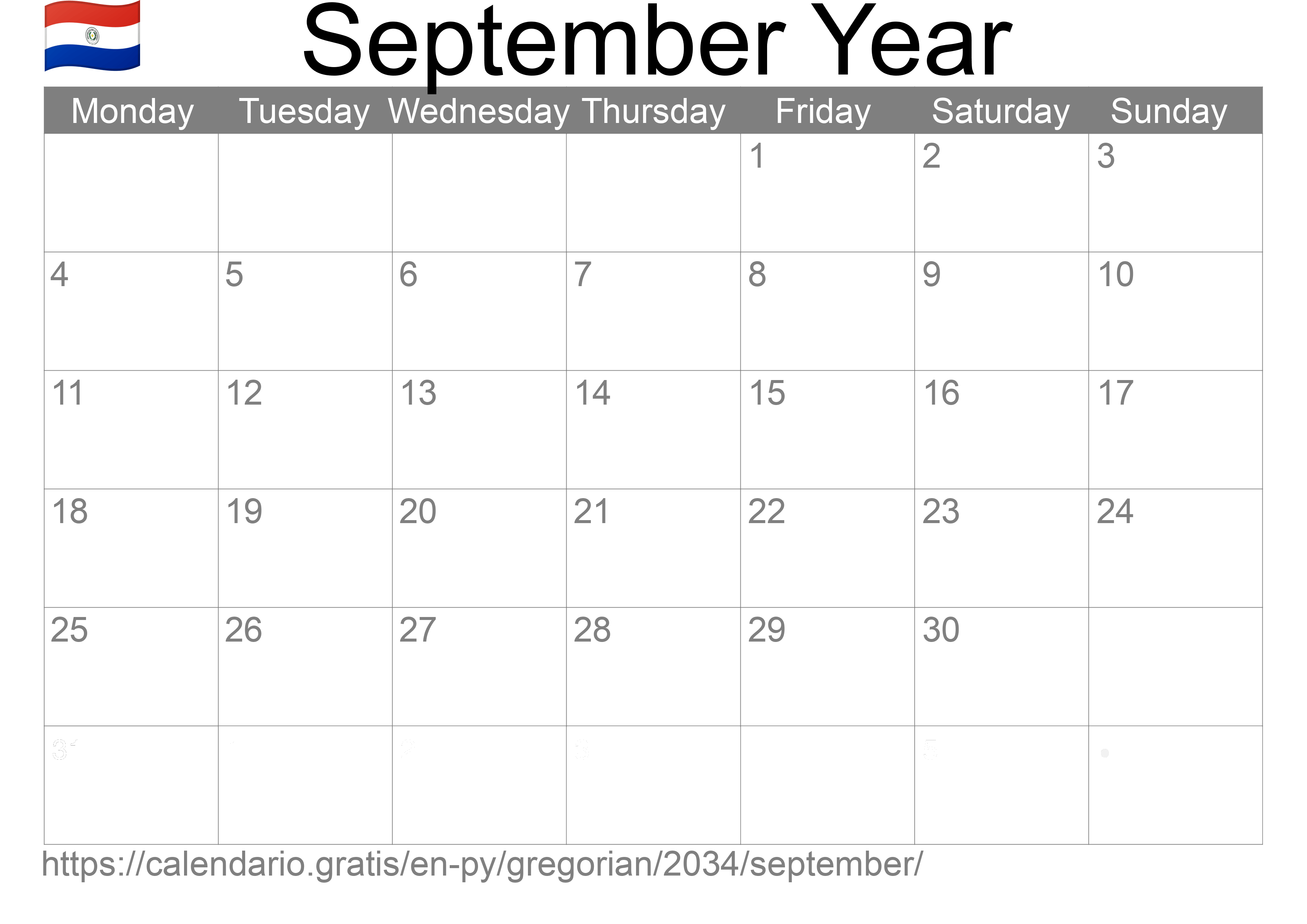 Calendar September 2034 to print