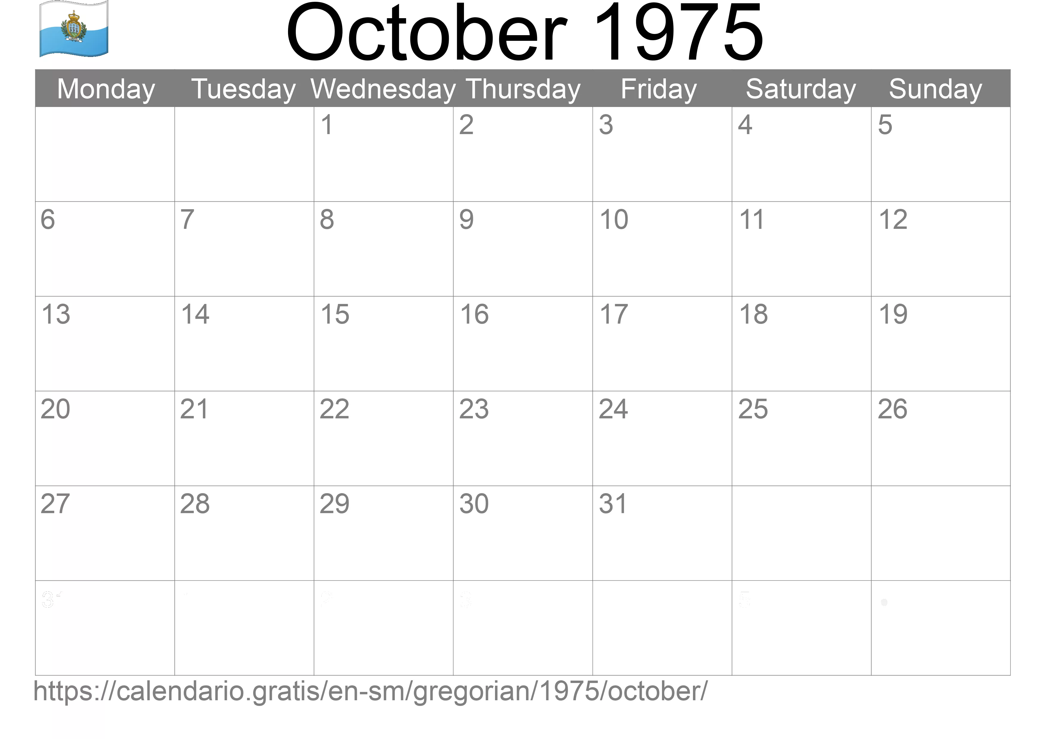 Calendar October 1975 to print (San Marino) Calendar October 1975 to print (San Marino)
