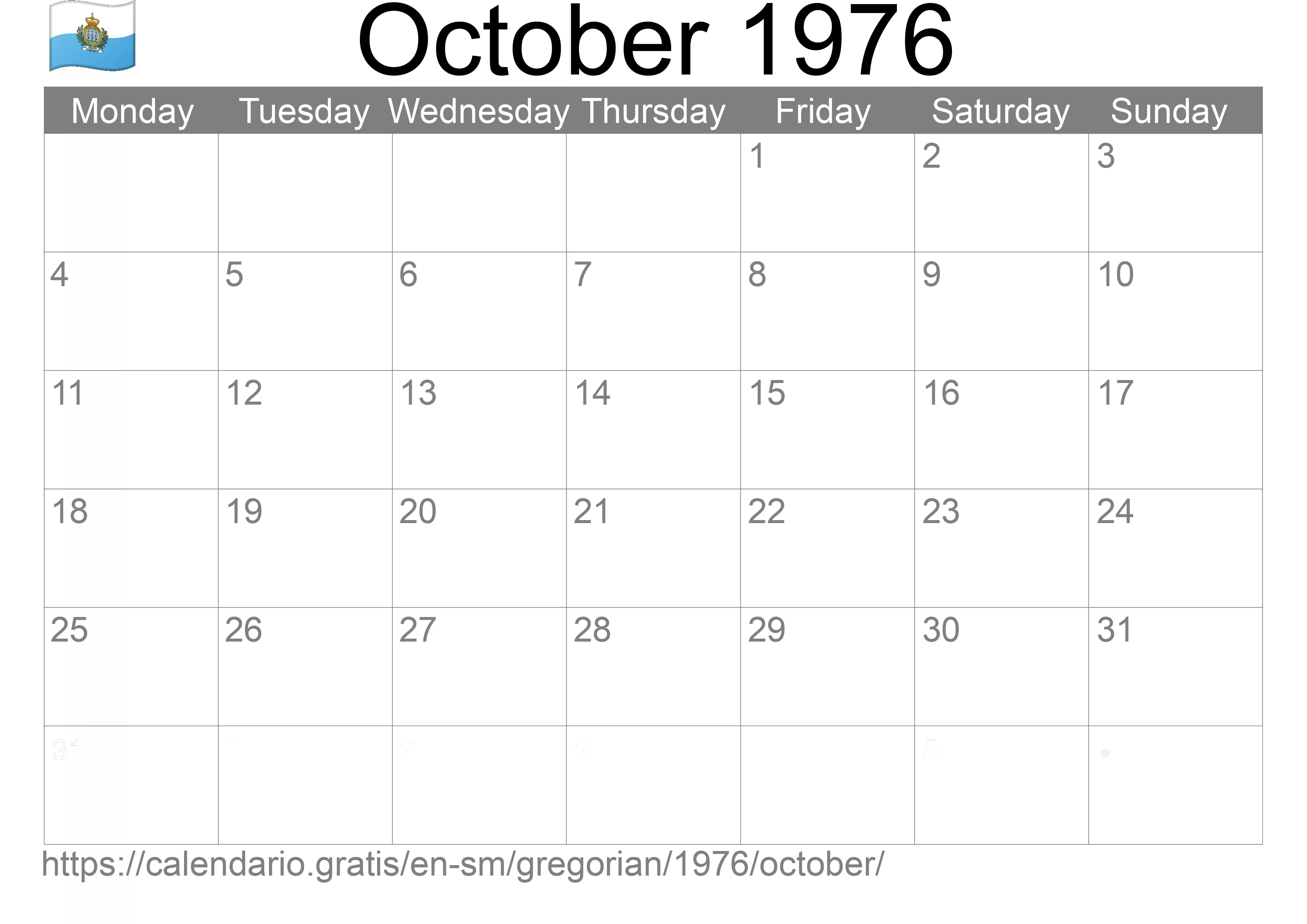 Calendar October 1976 to print (San Marino) Calendar October 1976 to print (San Marino)