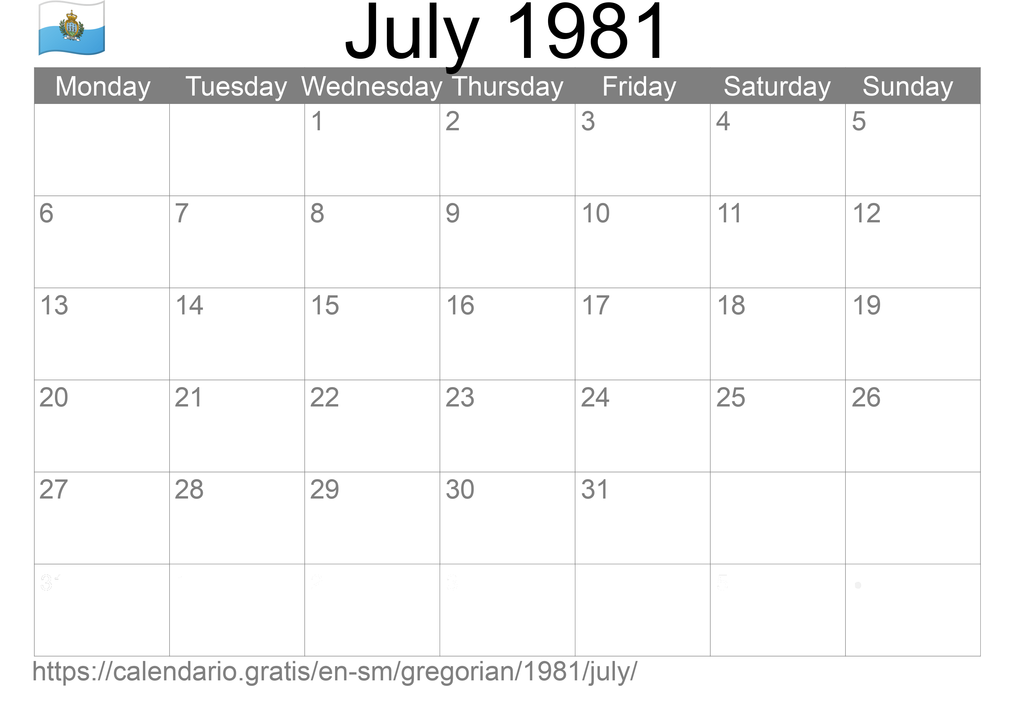 Calendar July 1981 to print