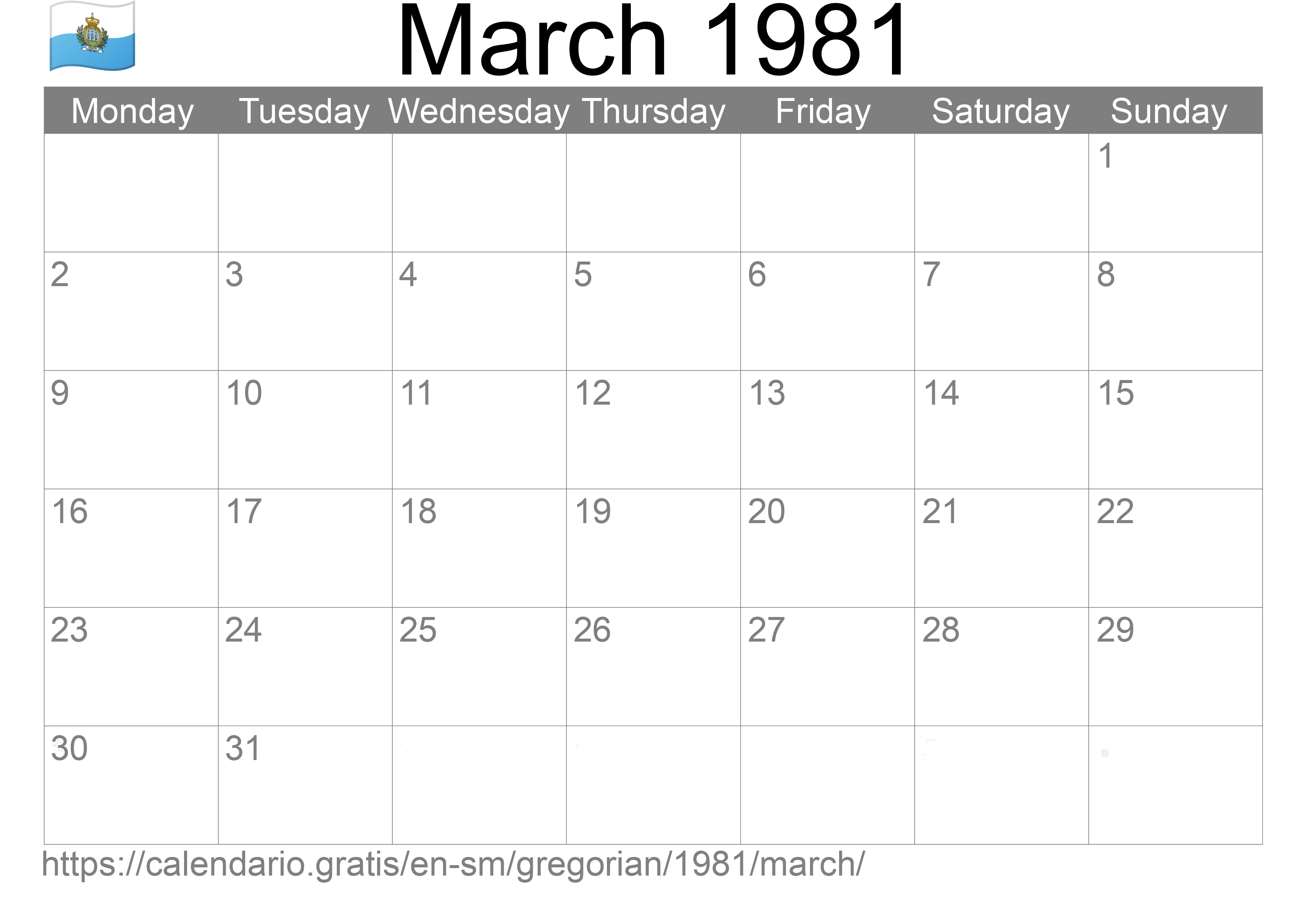 Calendar March 1981 to print