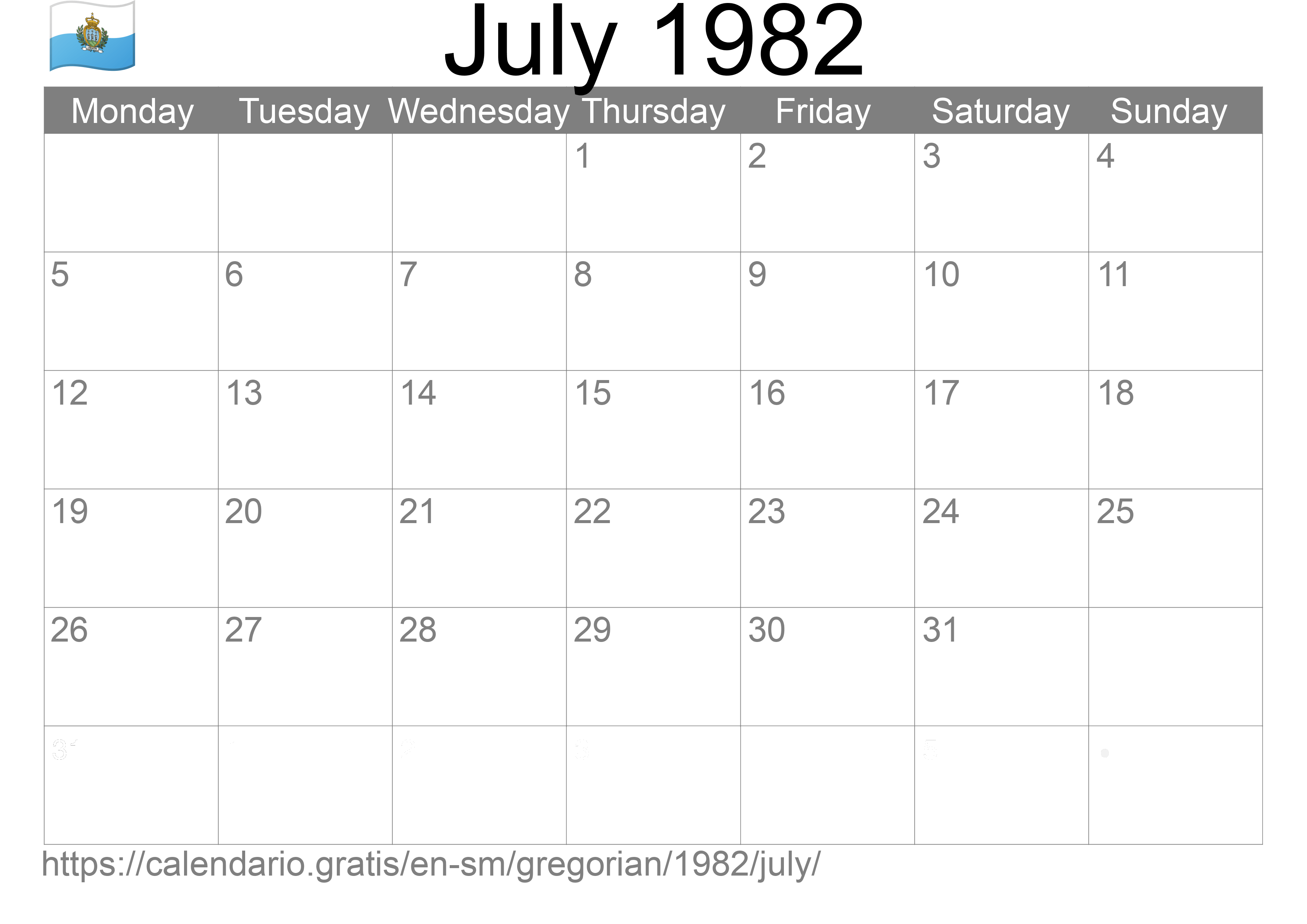 Calendar July 1982 to print