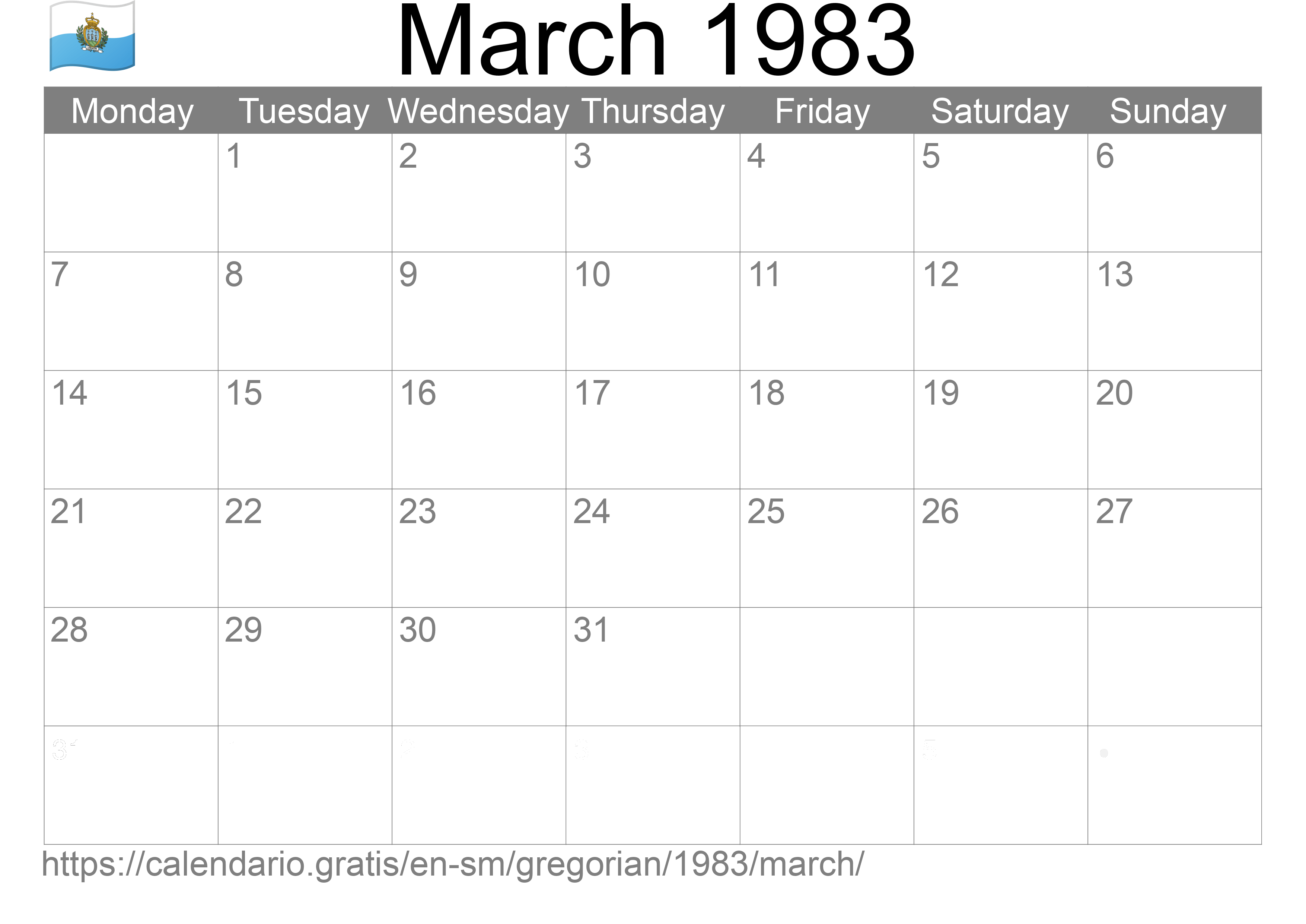 Calendar March 1983 to print