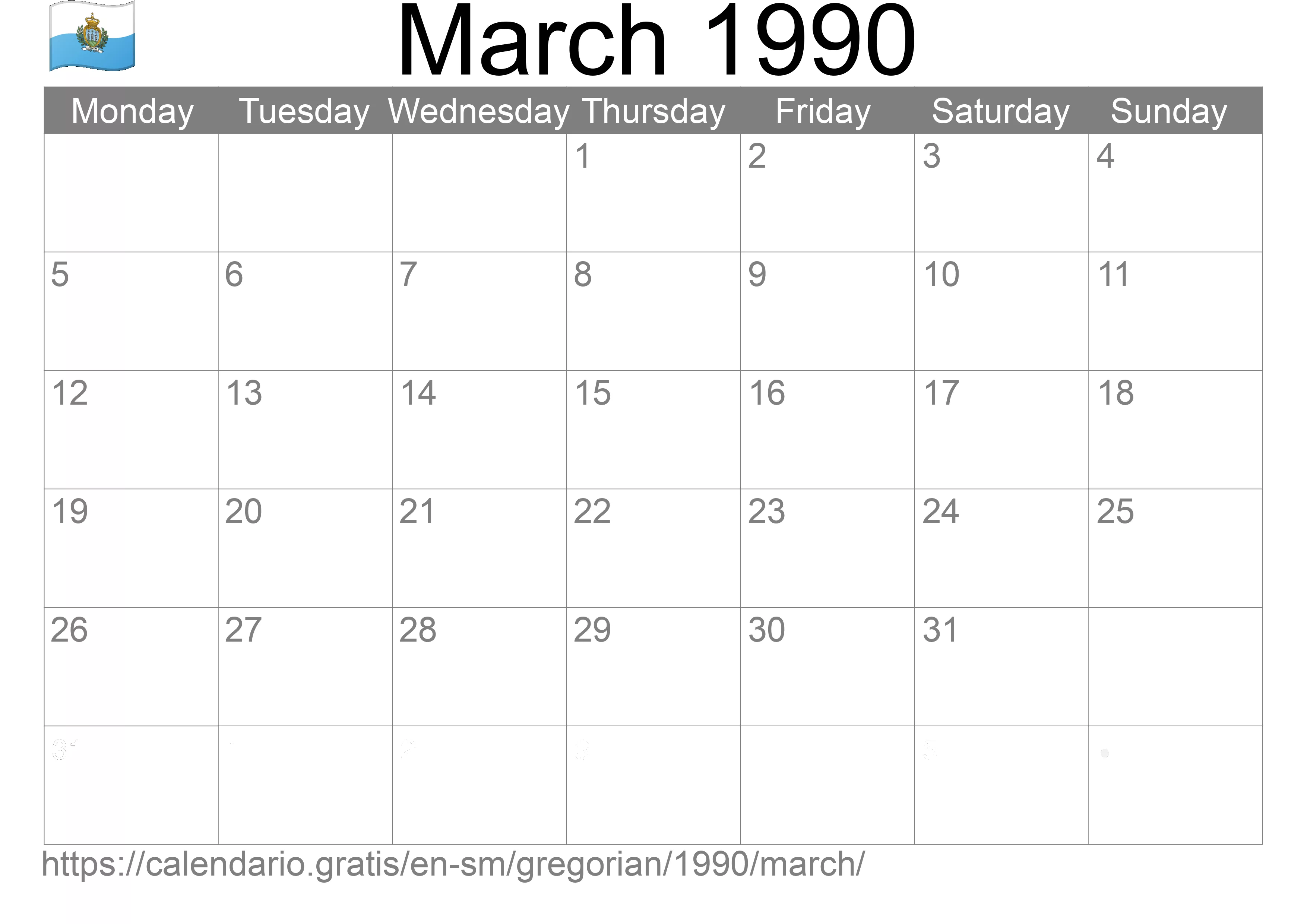Calendar March 1990 to print (San Marino) Calendar March 1990 to print (San Marino)