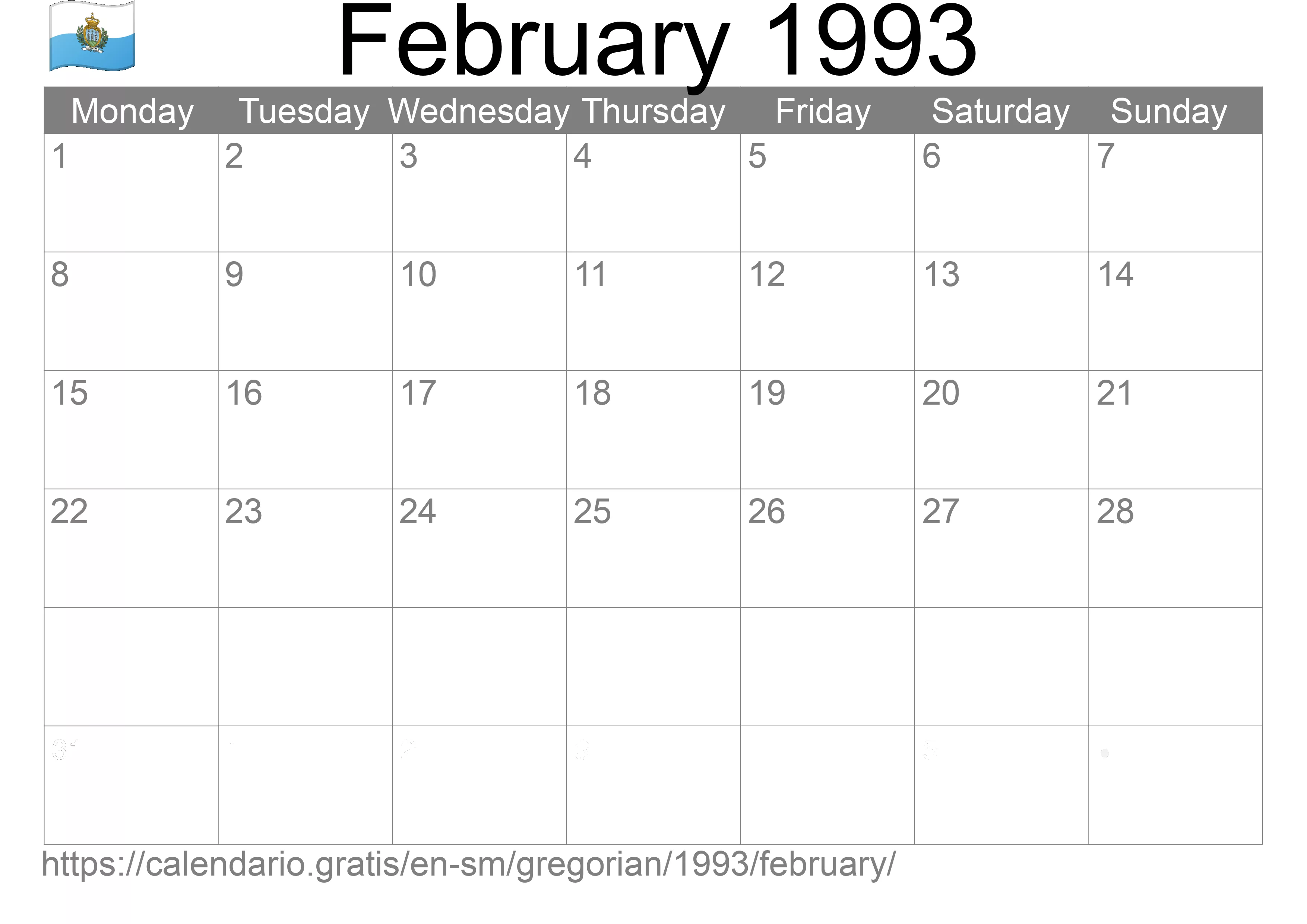 Calendar February 1993 to print (San Marino) Calendar February 1993 to print (San Marino)