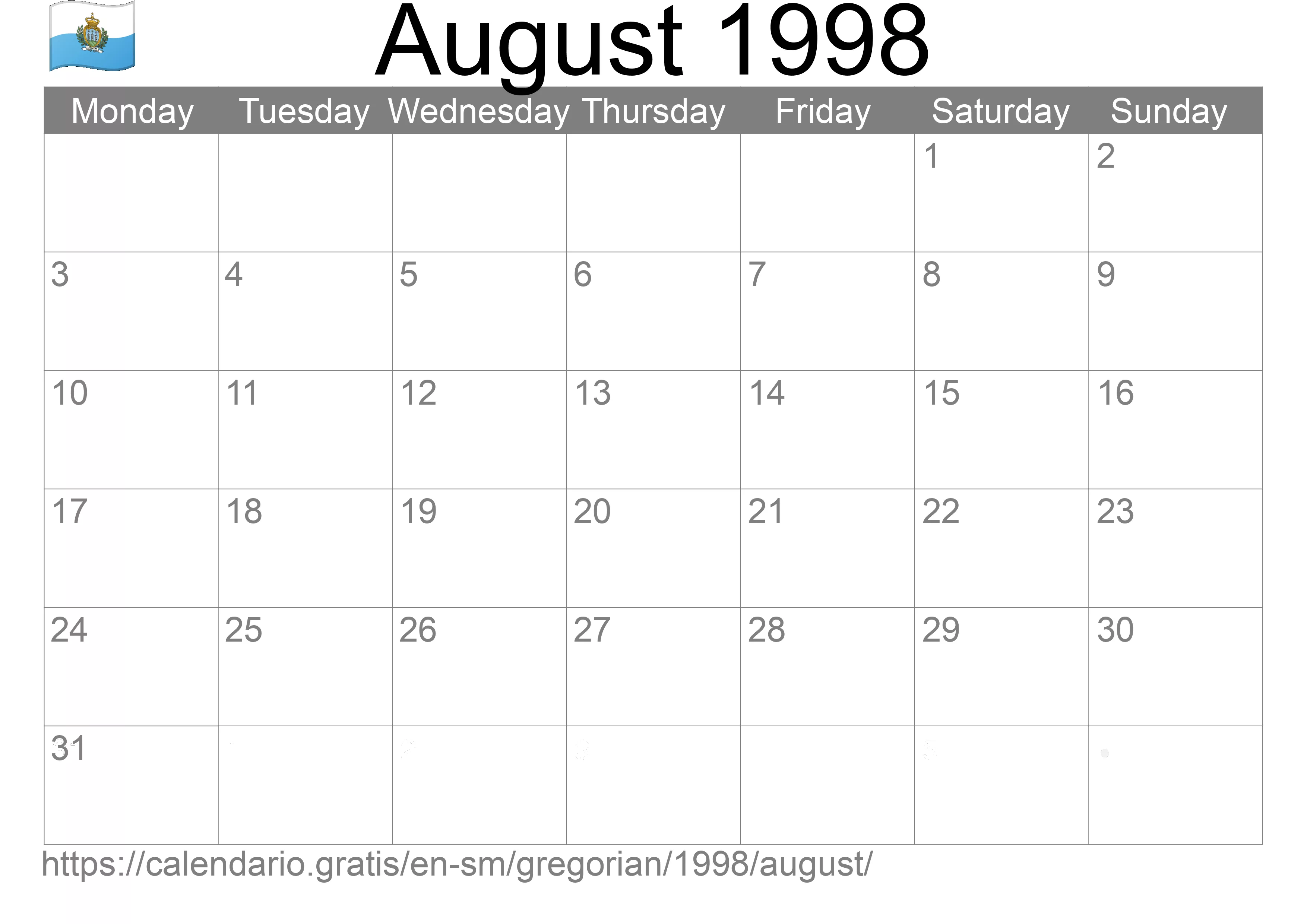 Calendar August 1998 to print (San Marino) Calendar August 1998 to print (San Marino)