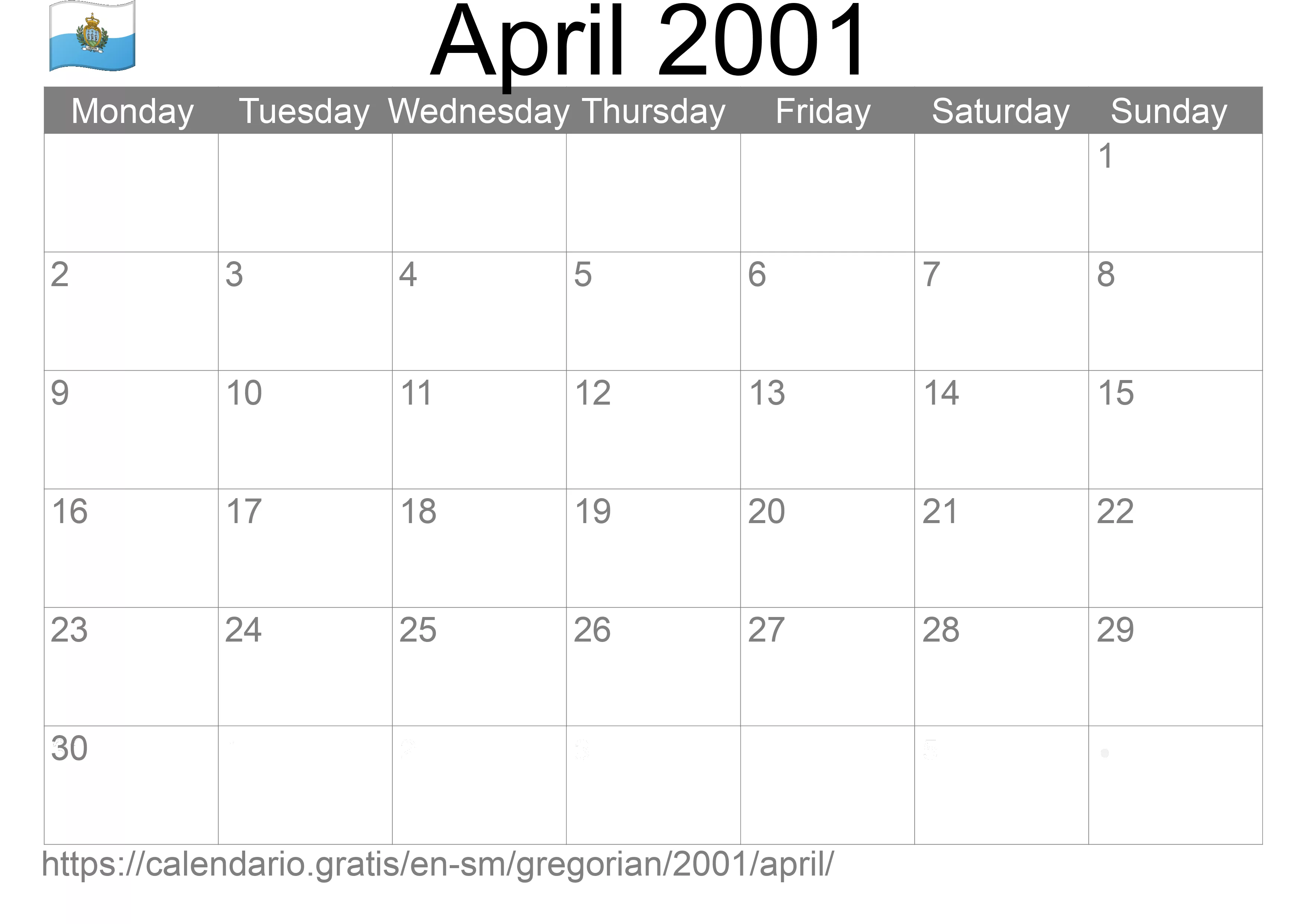 Calendar April 2001 to print (San Marino)