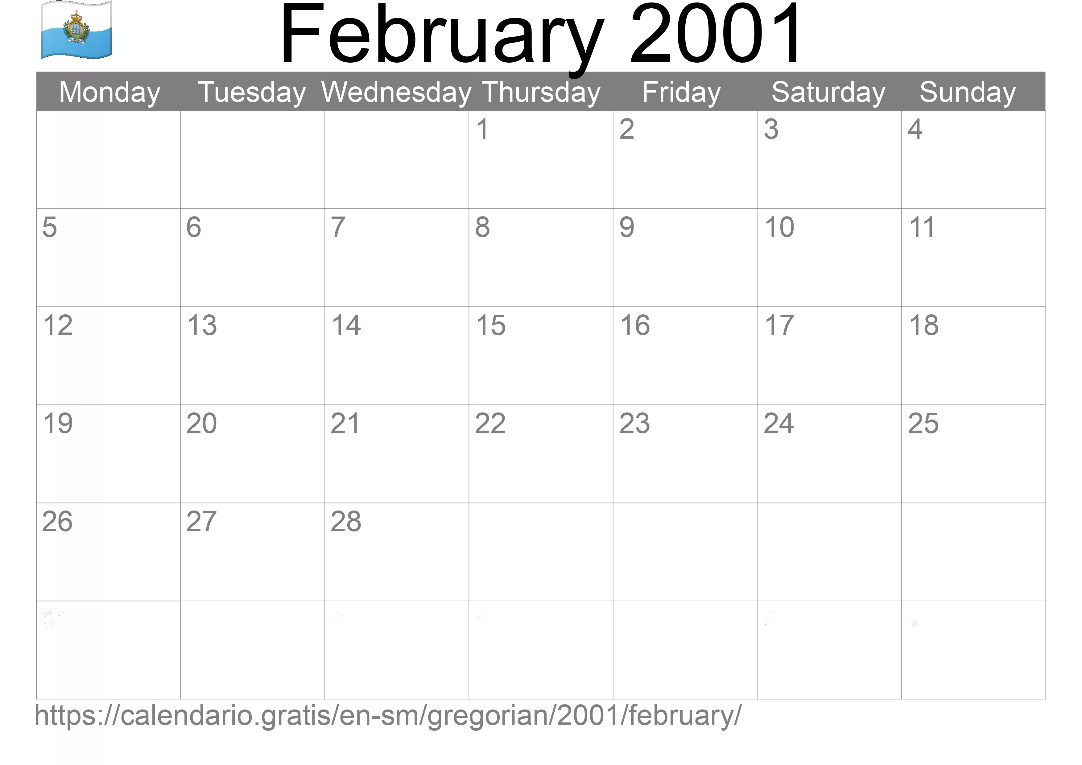 Calendar February 2001 to print (San Marino) Calendar February 2001 to print (San Marino)