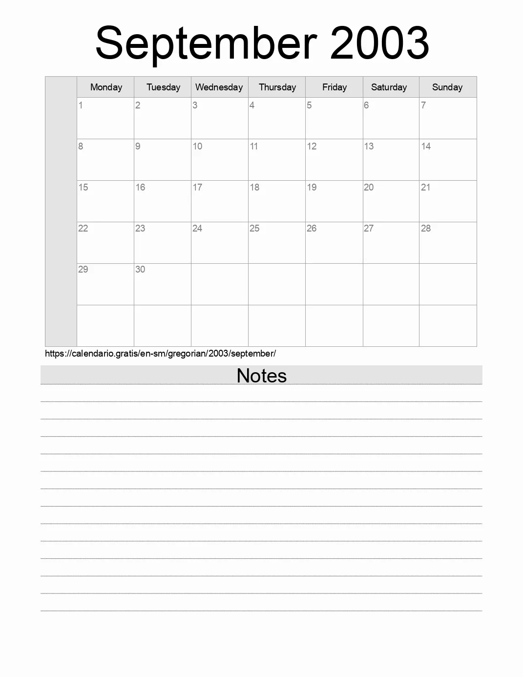 Calendar for printing with notes for 2003 September . (San Marino)