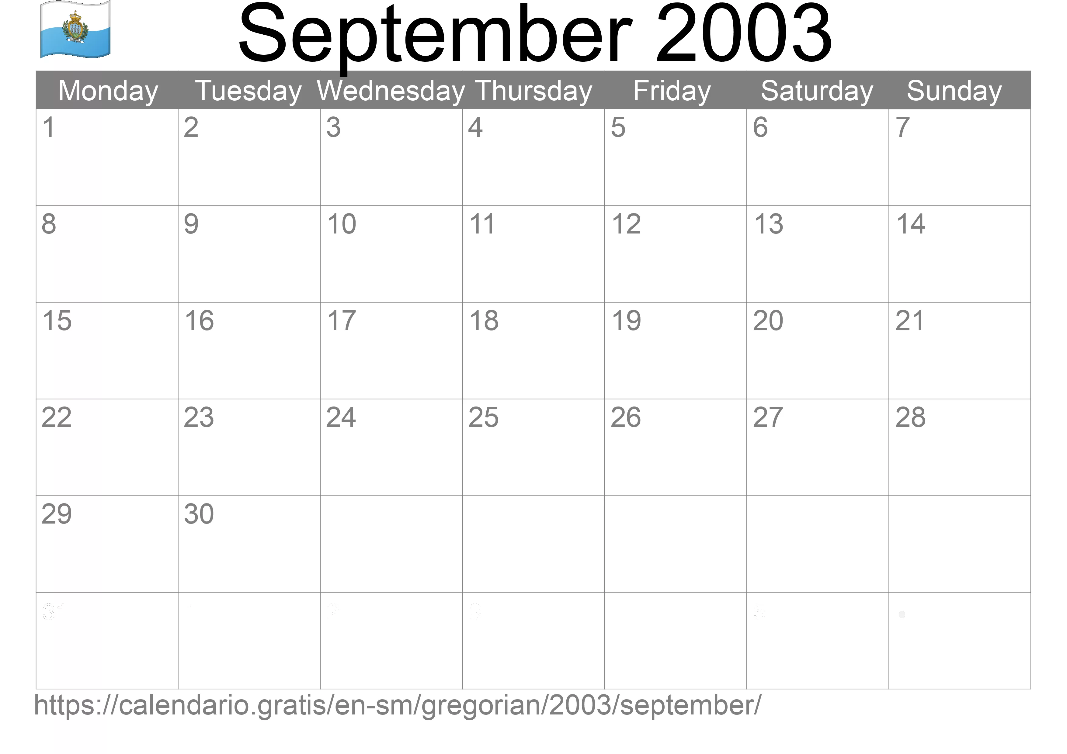 Calendar September 2003 to print (San Marino)