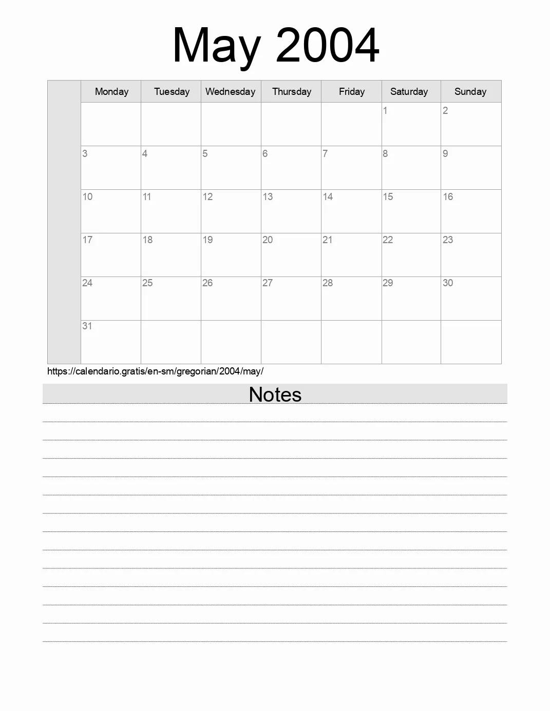 Calendar for printing with notes for 2004 May . (San Marino)