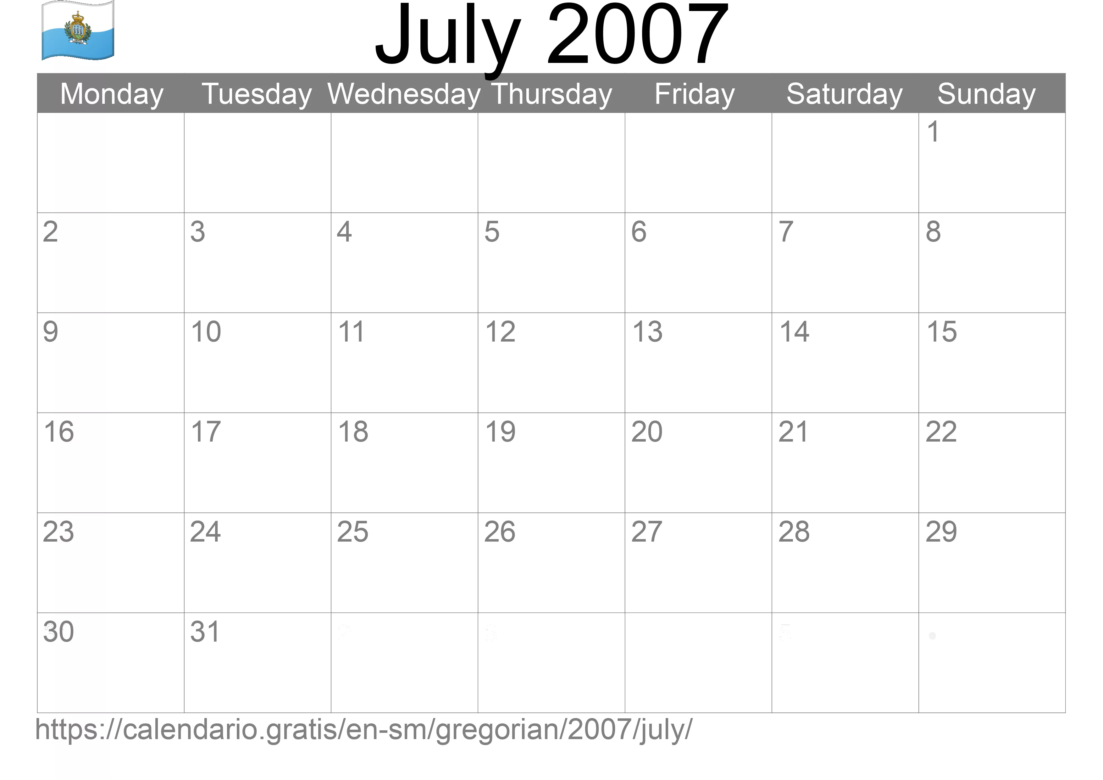 Calendar July 2007 to print (San Marino)