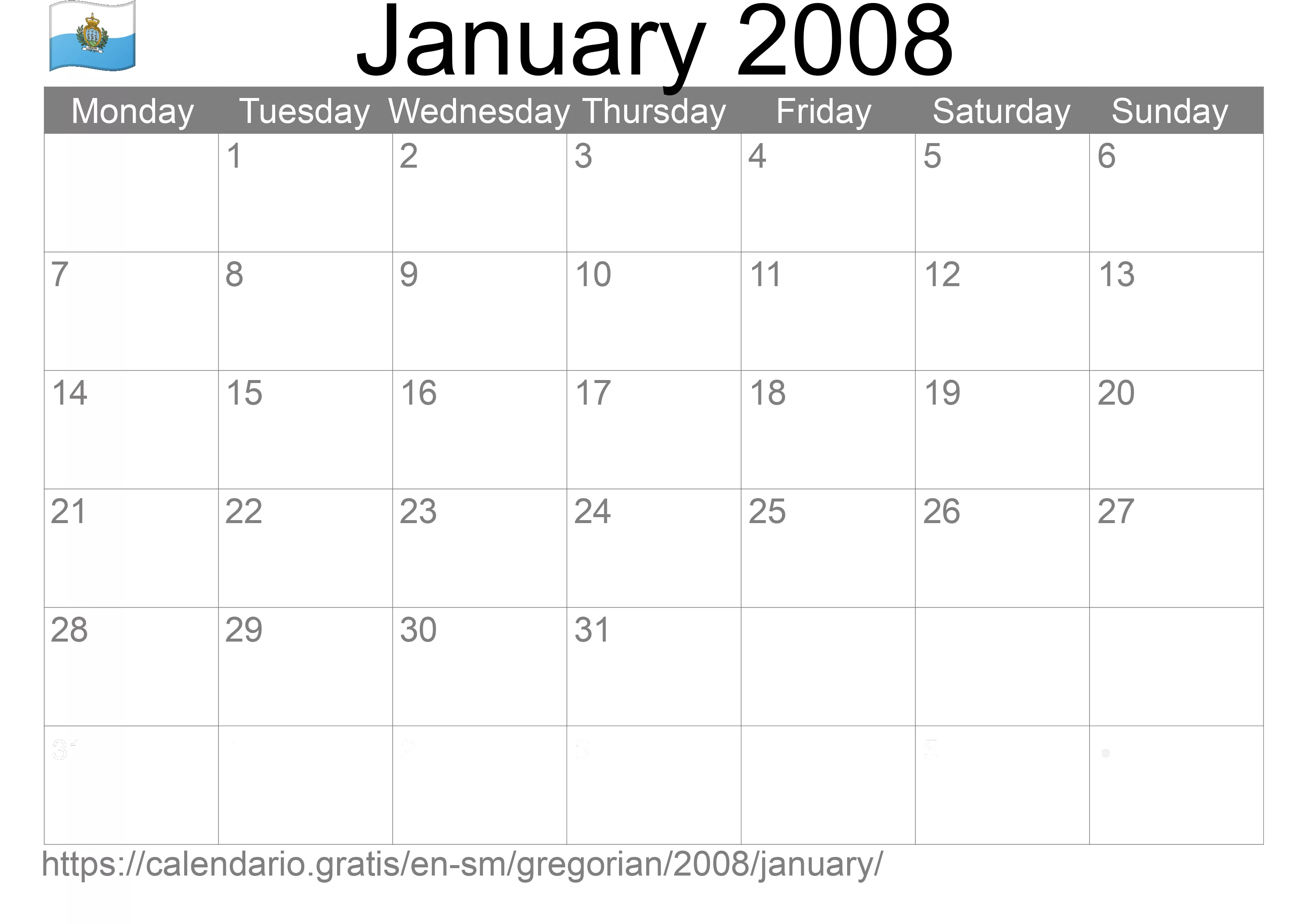 Calendar January 2008 to print (San Marino) Calendar January 2008 to print (San Marino)