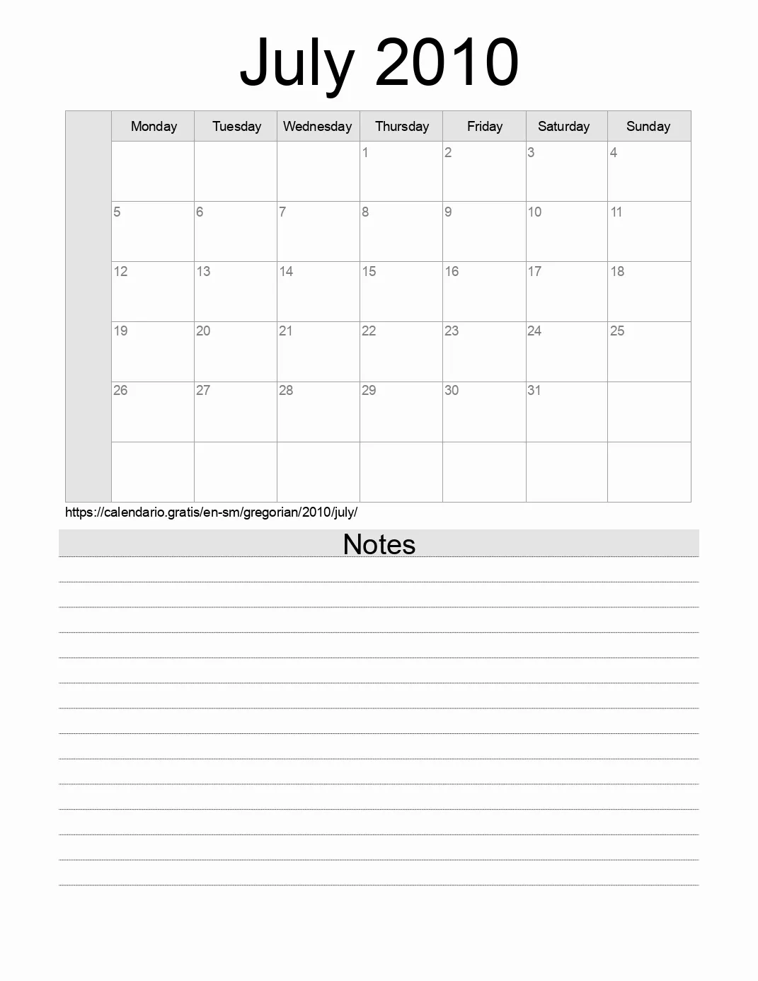 Calendar for printing with notes for 2010 July . (San Marino)