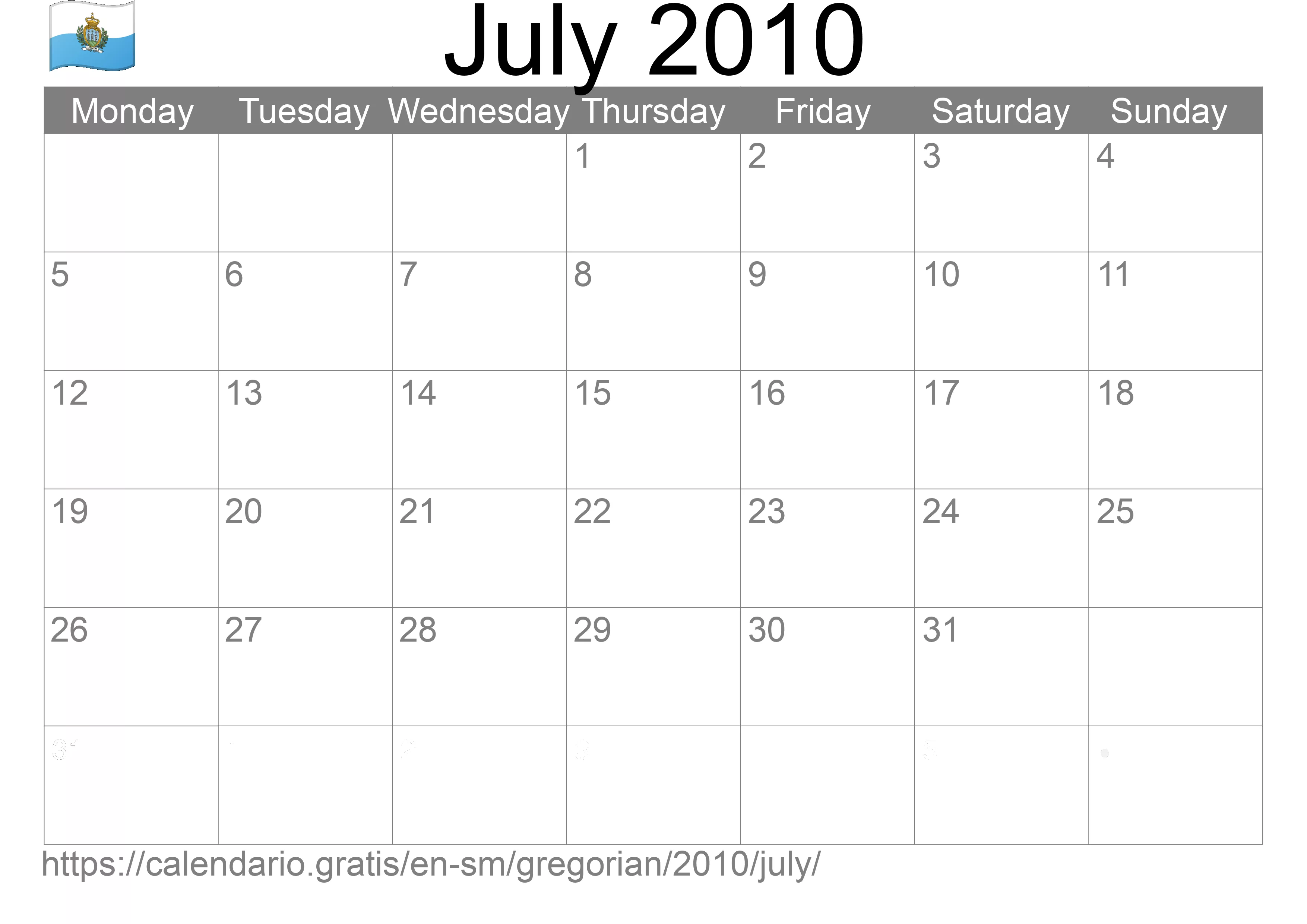 Calendar July 2010 to print (San Marino)