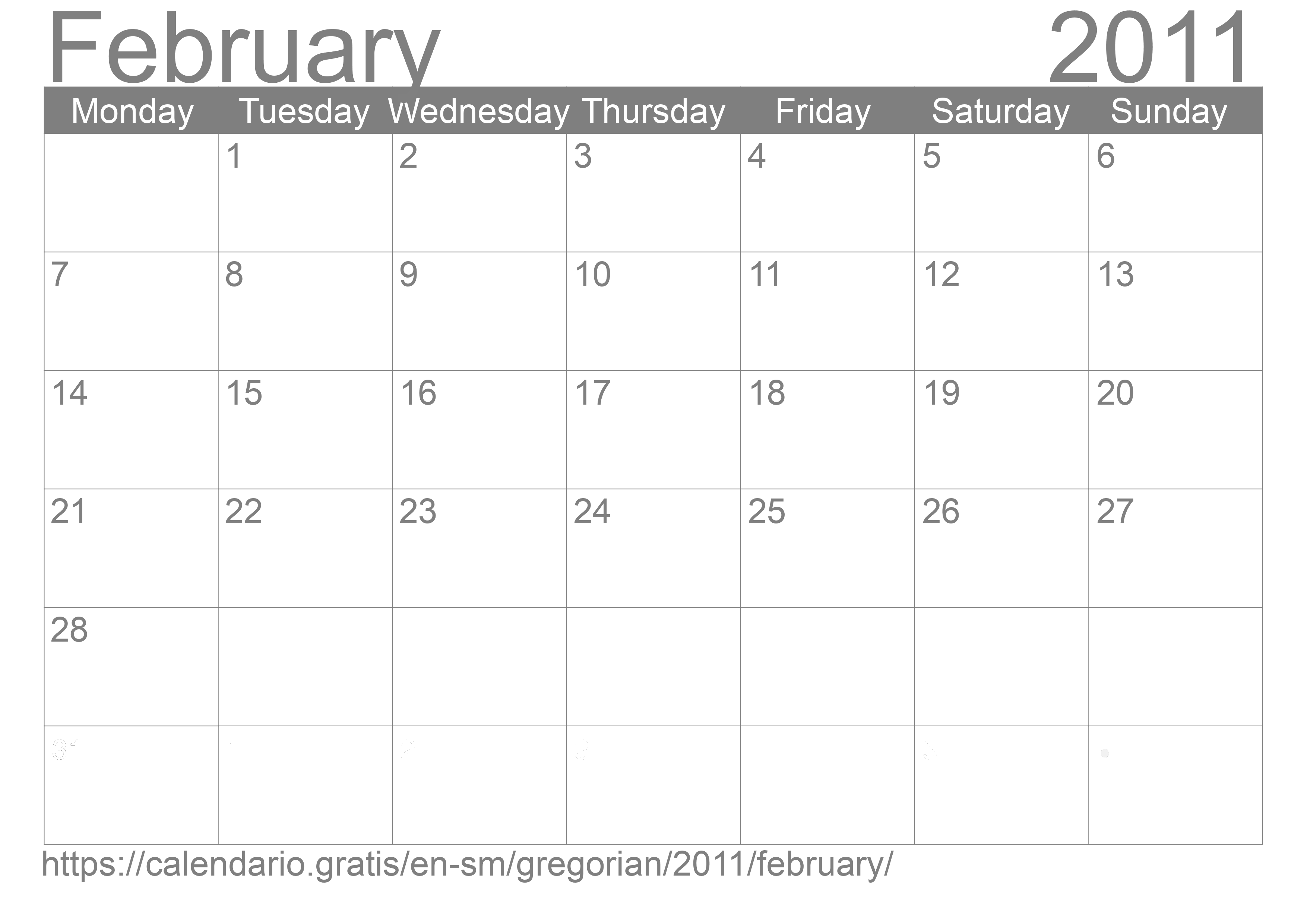 Calendar February 2011 to print