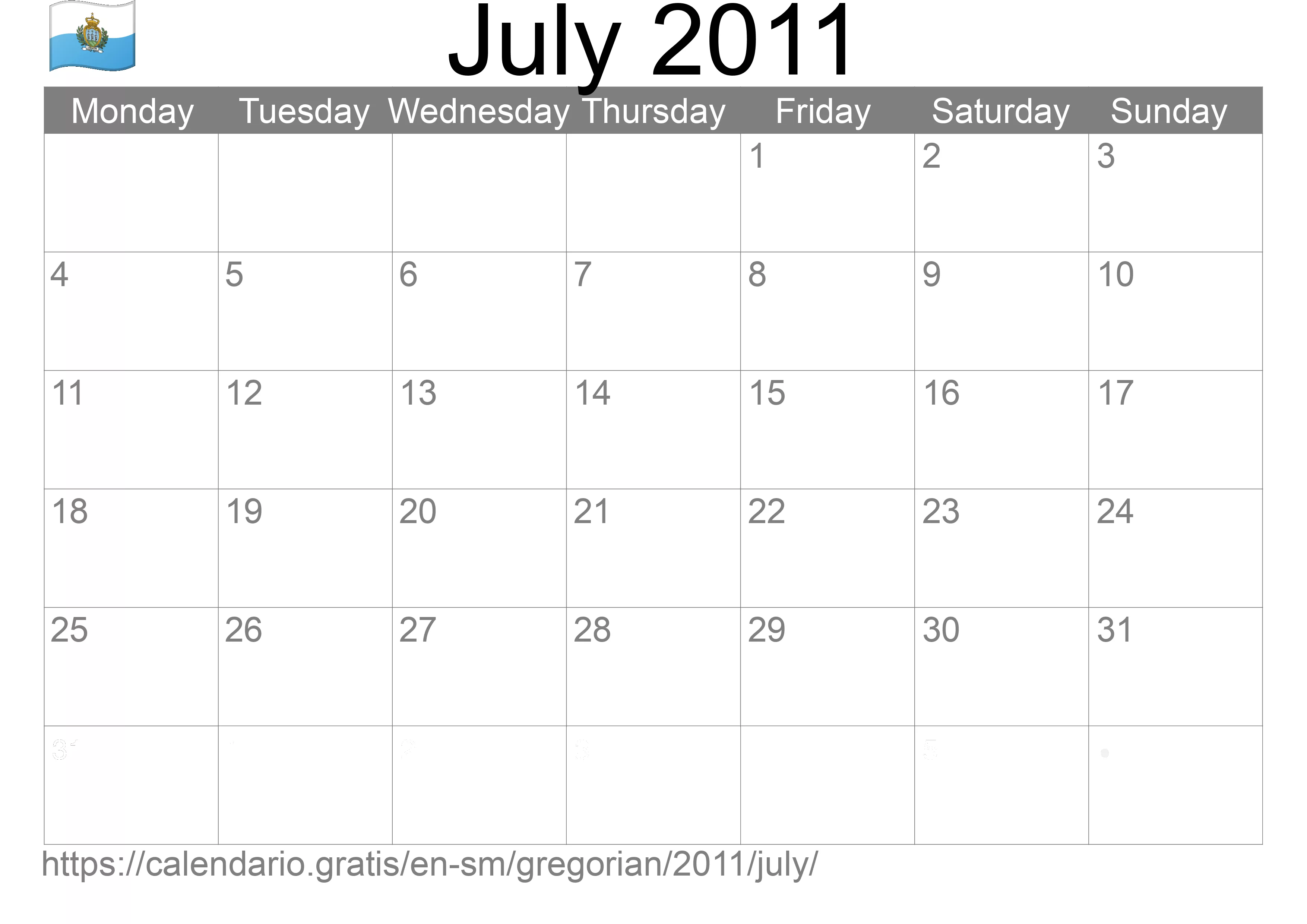 Calendar July 2011 to print (San Marino)