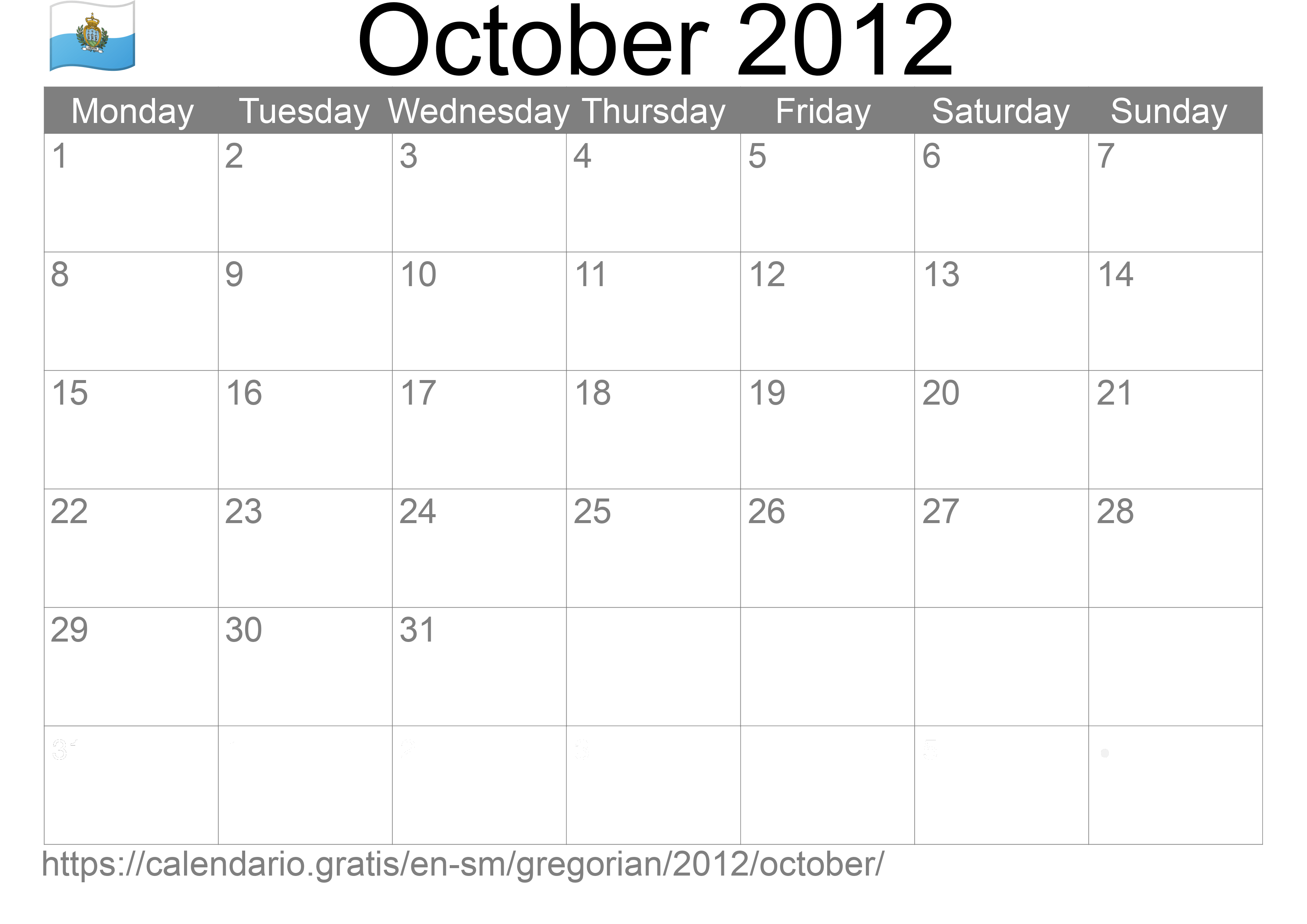 Calendar October 2012 to print