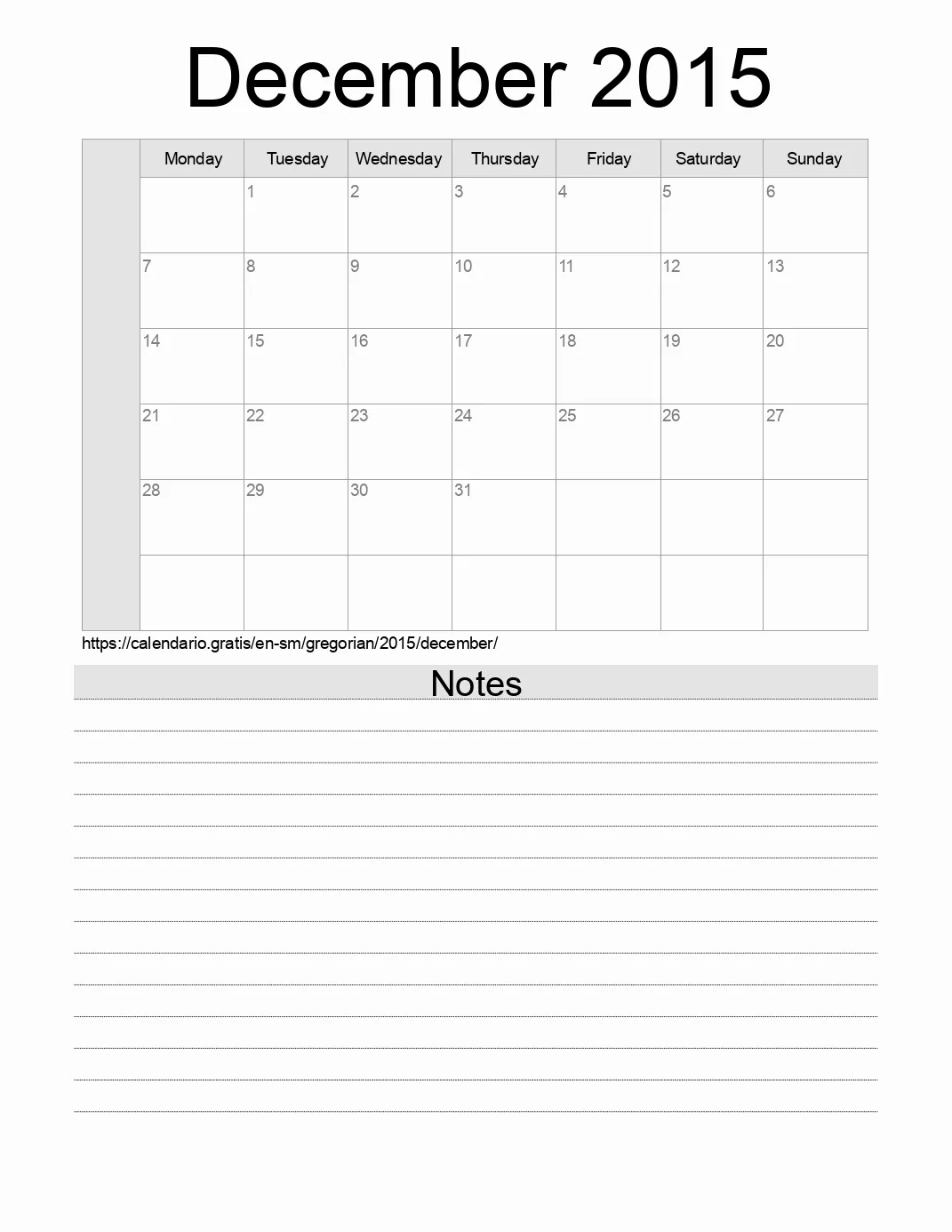 Calendar for printing with notes for 2015 December . (San Marino)