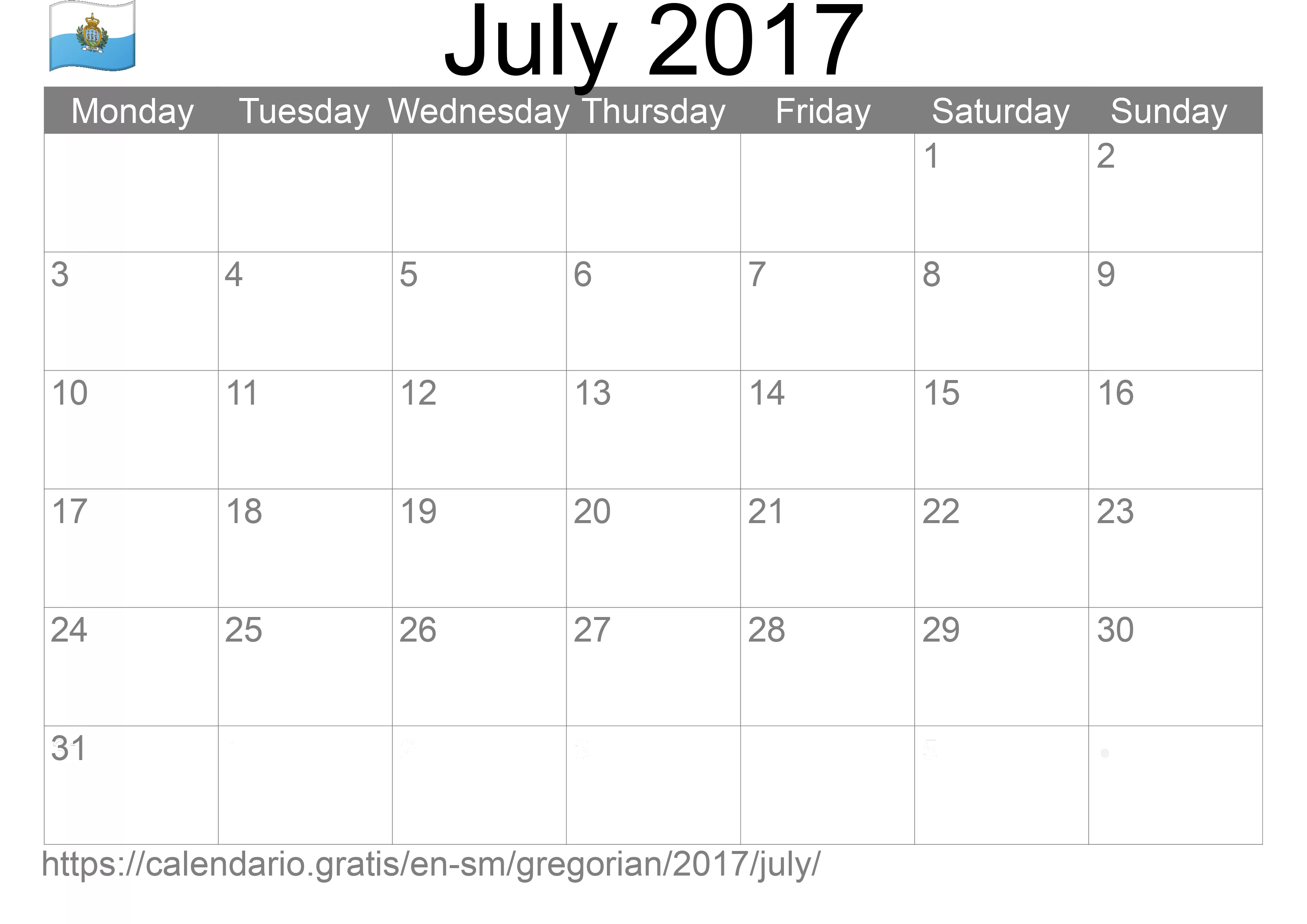 Calendar July 2017 to print (San Marino)