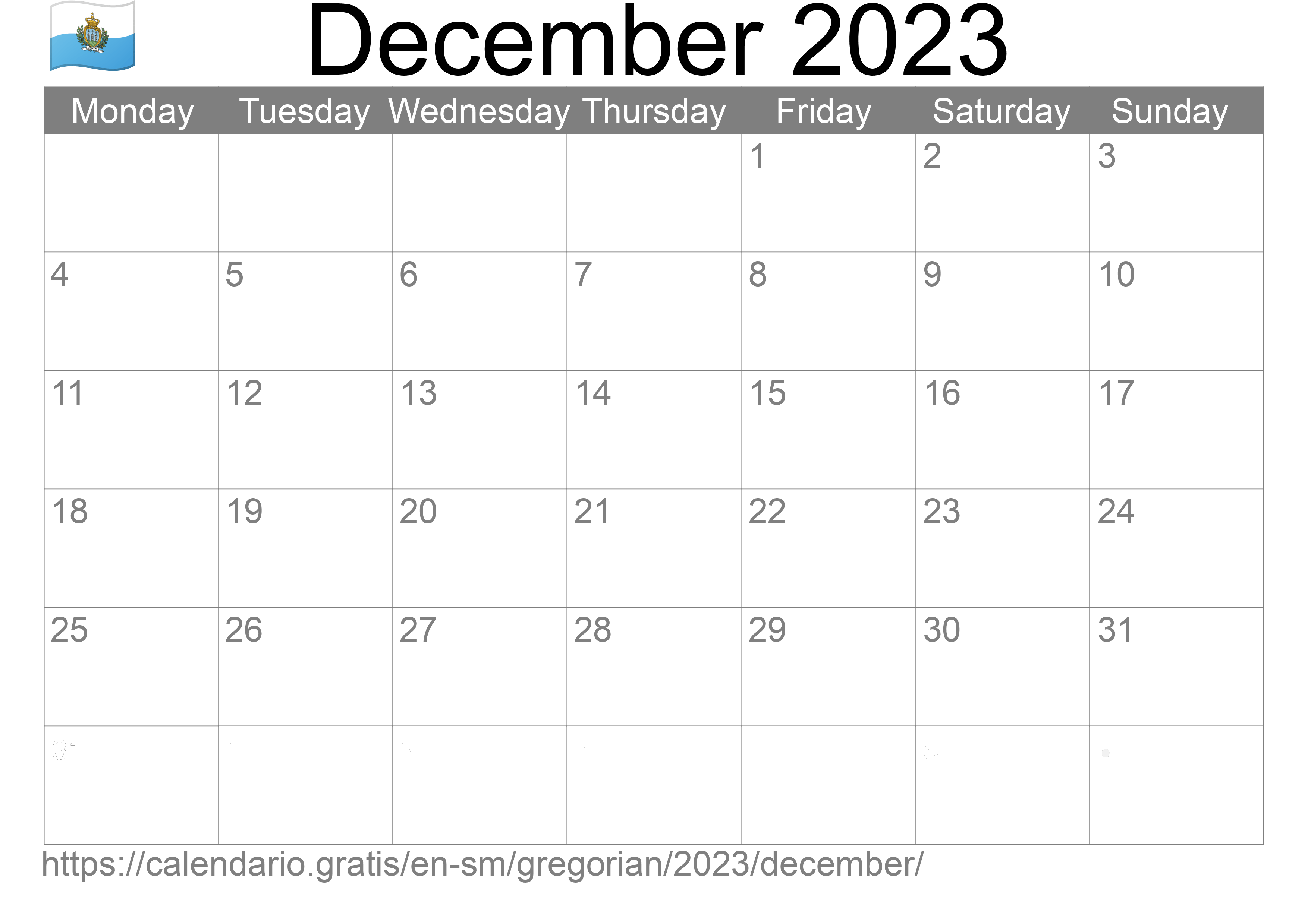 Calendar December 2023 to print