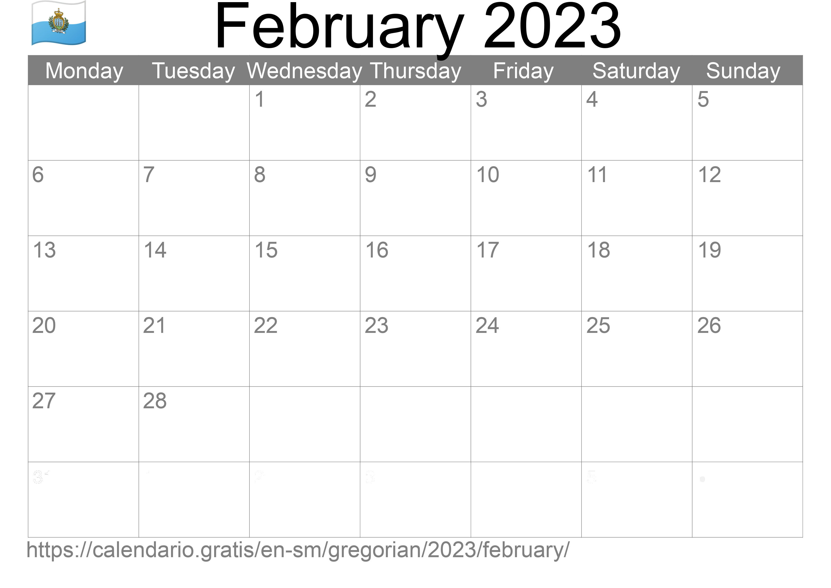 Calendar February 2023 to print