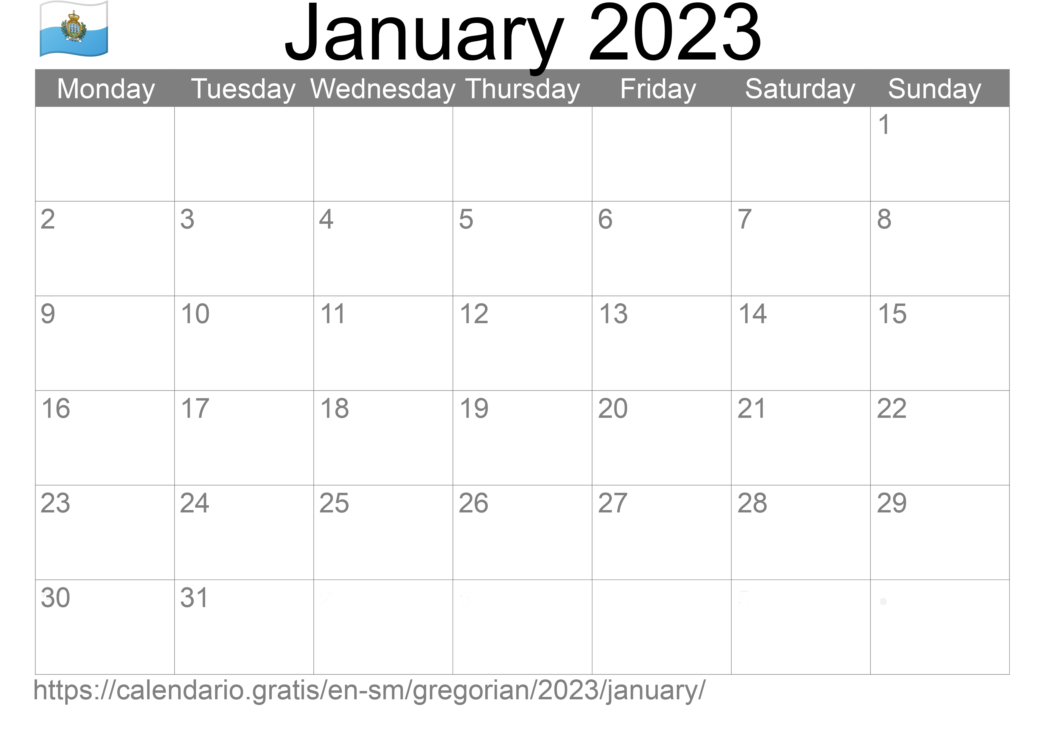 Calendar January 2023 to print